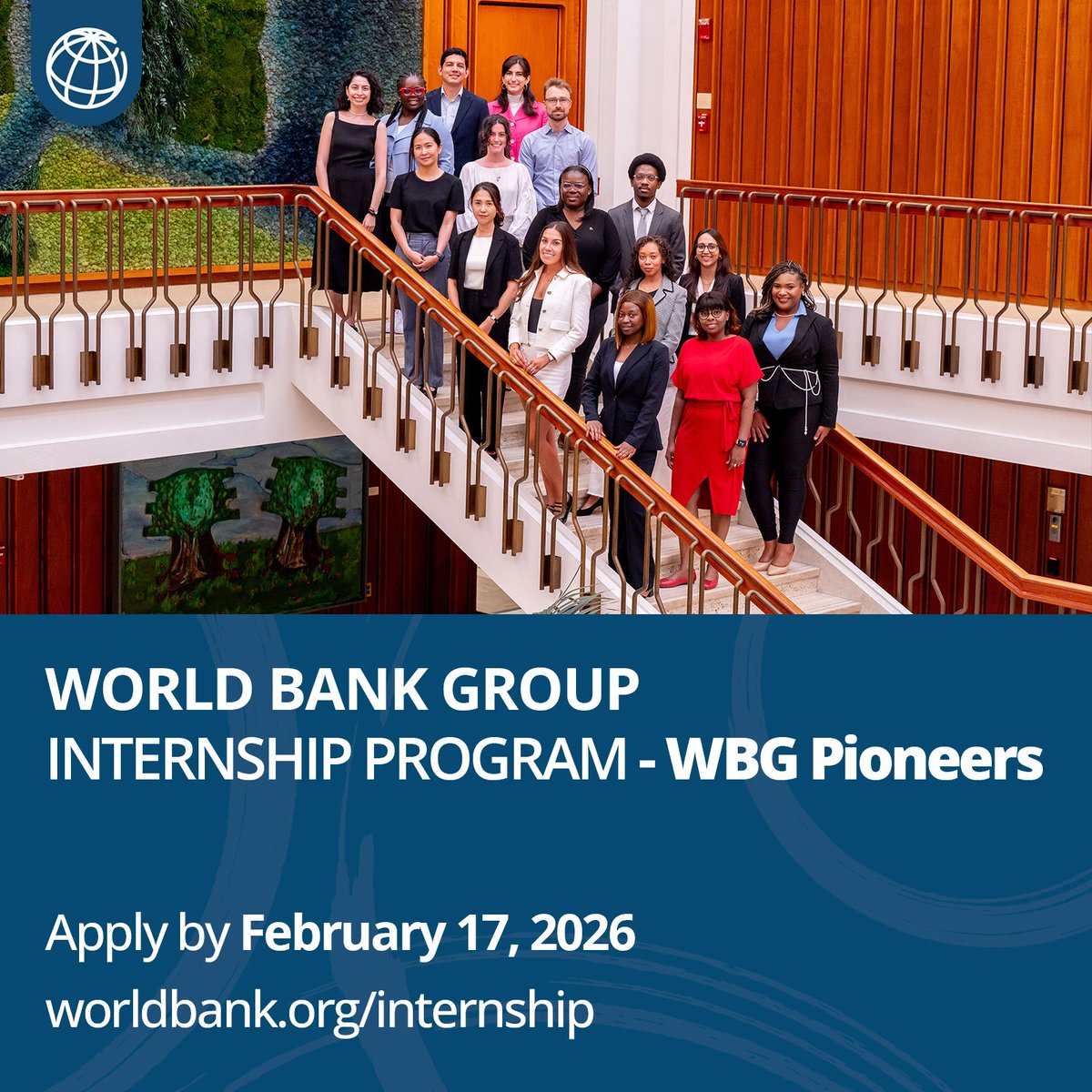 Become a World Bank Group pioneer.

The @WorldBankGroup Pioneers Internship Program opens for applications January 19 – February 17, 2026!

🔗 Learn more about the program, including schedule for live information sessions here: wrld.bg/5h5G50Y4YI6