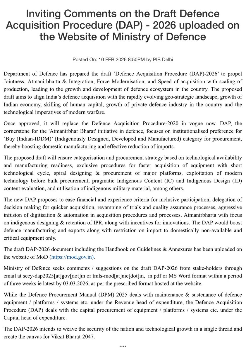 DefProdnIndia's tweet photo. Department of Defence has prepared the draft ‘Defence Acquisition Procedure (#DAP)-2026’ to propel Jointness, Atmanirbharta & Integration, Force Modernisation, and Speed of acquisition with scaling of production, leading to the growth and development of #defenceecosystem in the country.
🔸 The proposed draft aims to align India’s defence acquisition with the rapidly evolving geo-strategic landscape, growth of Indian economy, skilling of human capital, growth of private #defence industry in the country and the technological imperatives of modern warfare.
Details ➡️
https://t.co/GeOGZahAJE