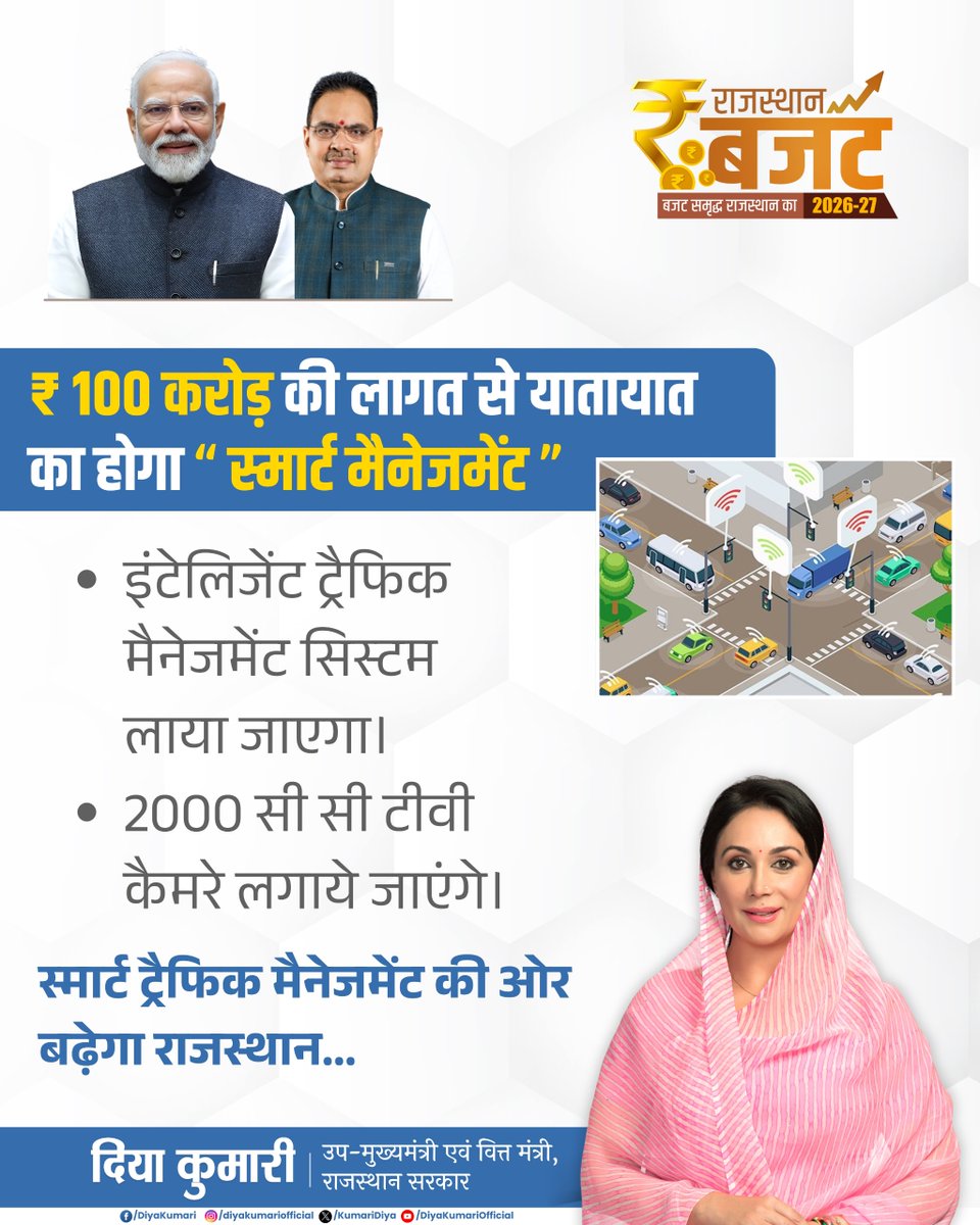 स्मार्ट ट्रैफिक मैनेजमेंट की ओर बढ़ेगा राजस्थान..

₹100 करोड़ की लागत से यातायात का होगा "स्मार्ट मैनेजमेंट"

#बजट_समृद्ध_राजस्थान_का