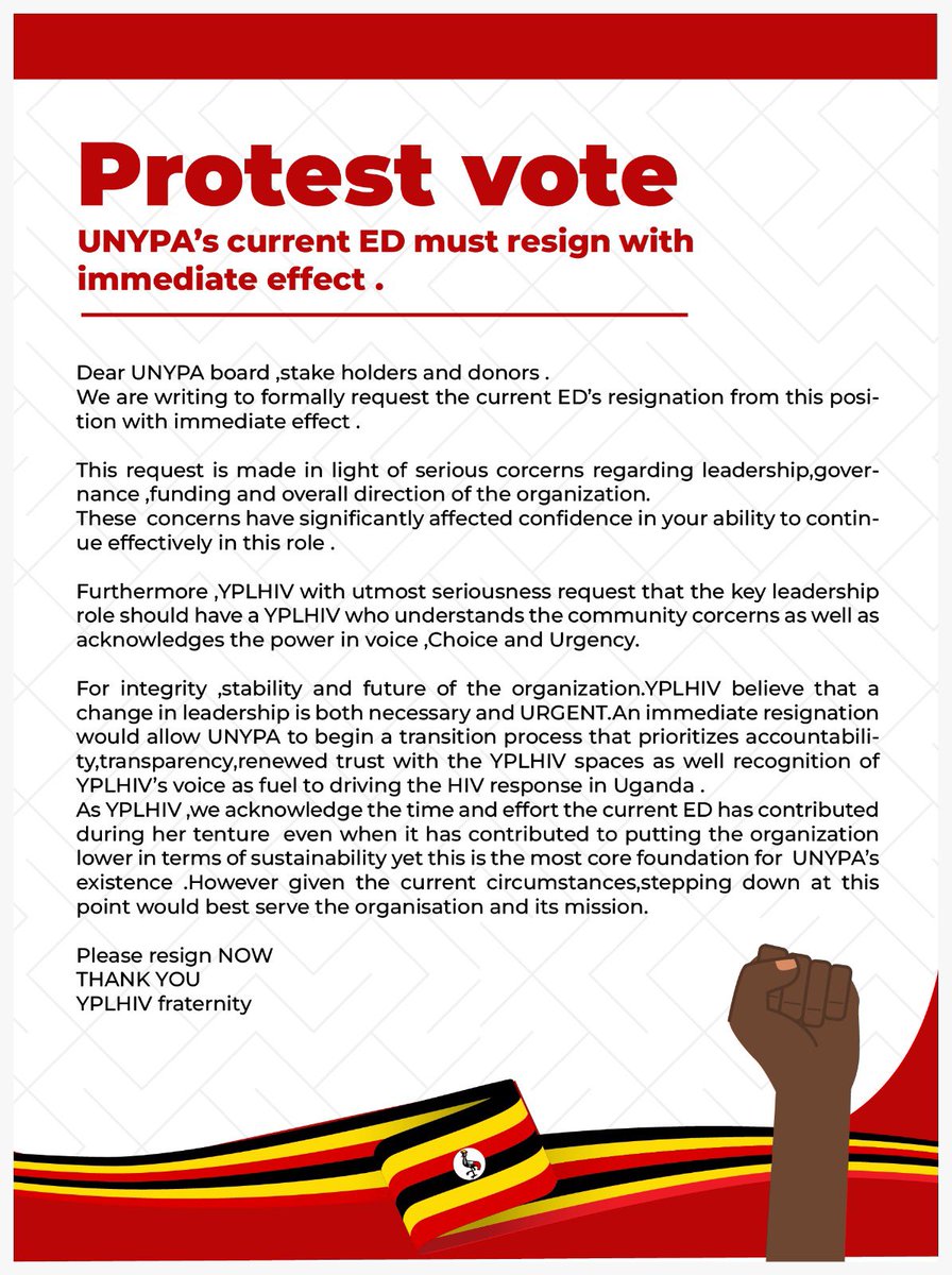 DeborahLAKumu's tweet photo. Earlier today  I received this amazing document from a team of very determined YPLHIV’s .I am standing with my community to ensure that their voices are heard,change must prevail .@UNYPA1 the young people deserve better and request that the current ED must resign . #ResignNow https://t.co/G8pJK6TwG6