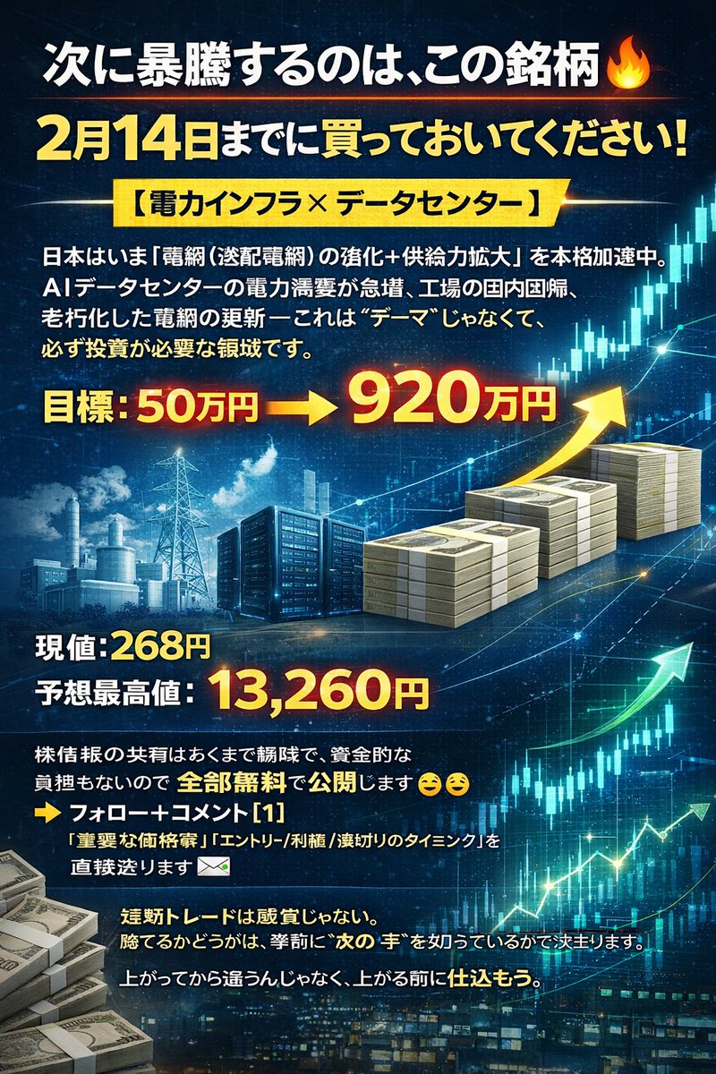 ys_uminchu_nh07's tweet photo. 次に暴騰するのは、間違いなくこの銘柄。
 2月14日までに買っておいてください。

用意する資金：50万円
目標：50万円 → 920万円

【電力インフラ × データセンター】
日本はいま「電網（送配電網）の強化＋供給力拡大」を本格加速中。
AIデータセンターの電力需要が急増、工場の国内回帰、老朽化した電網の更新——
これは“テーマ”じゃなくて、必ず投資が必要な領域です。

資金はこの順で流れやすい👇
電力会社（需給・電気料金） → 送配電/変圧器 → 電線/銅材 → 開閉器・電力工事 → 冷却・蓄電など周辺

現値：268円
予想最高値：13,260円

株情報の共有はあくまで趣味で、資金的な負担もないので全部無料で公開します😆😆
👉 フォロー＋コメント【1】
「重要な価格帯」「エントリー/利確/損切りのタイミング」を直接送ります📩

短期トレードは感覚じゃない。
勝てるかどうかは、事前に“次の一手”を知っているかで決まります。
上がってから追うんじゃなく、上がる前に仕込もう。