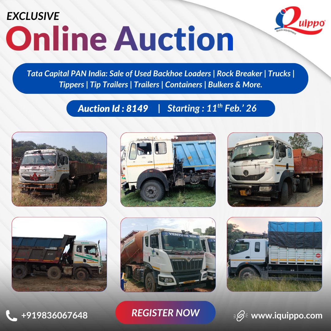 IQuippo's tweet photo. Tata Capital | PAN India Auction
Used BHLs, Rock Breakers, Trucks, Tippers, Tip Trailers, Containers, Bulkers & more
⏳ Closes 13 Feb 2026 | 6 PM
🔗 https://t.co/sekqTTIl6K
📞 +91 98360 67648
#iQuippo #TataCapital #UsedEquipment #BackhoeLoader #RockBreaker #Trucks #Tippers https://t.co/GltqfgiId8