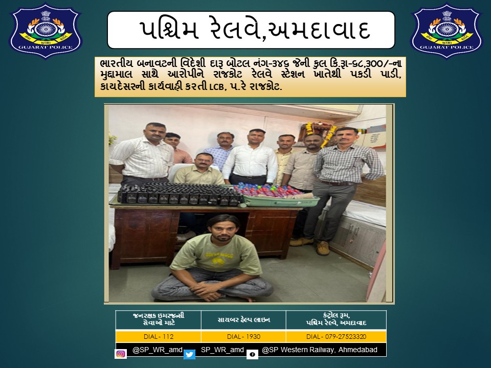 ભારતીય બનાવટની વિદેશી દારૂ બોટલ નંગ-૩૪૬ જેની કુલ કિ.રૂા-૬૮,૩૦૦/-ના મુદ્દામાલ સાથે આરોપીને રાજકોટ રેલવે સ્ટેશન ખાતેથી પકડી પાડી, કાયદેસરની કાર્યવાહી કરતી LCB, પ.રે.રાજકોટ.
<a href="/CMOGuj/">CMO Gujarat</a> <a href="/sanghaviharsh/">Harsh Sanghavi</a> <a href="/dgpgujarat/">DGP Gujarat</a> <a href="/GujaratPolice/">Gujarat Police</a> <a href="/Grp_Vadodara/">SP Western Railway Vadodara (GRP)</a>