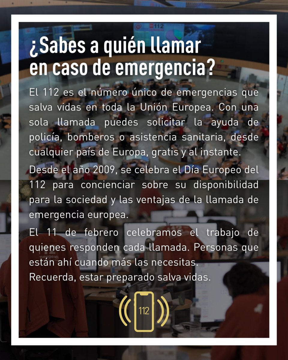 Hoy celebramos el #DíaEuropeo112📞

Un número fundamental en la atención de cualquier tipo de emergencia y totalmente disponible para toda la ciudadanía europea  🇪🇺🤝🇪🇸

🦺 Detrás del 112 hay gente preparada para actuar cuando más se necesita 💪

Nuestro agradecimiento a todos