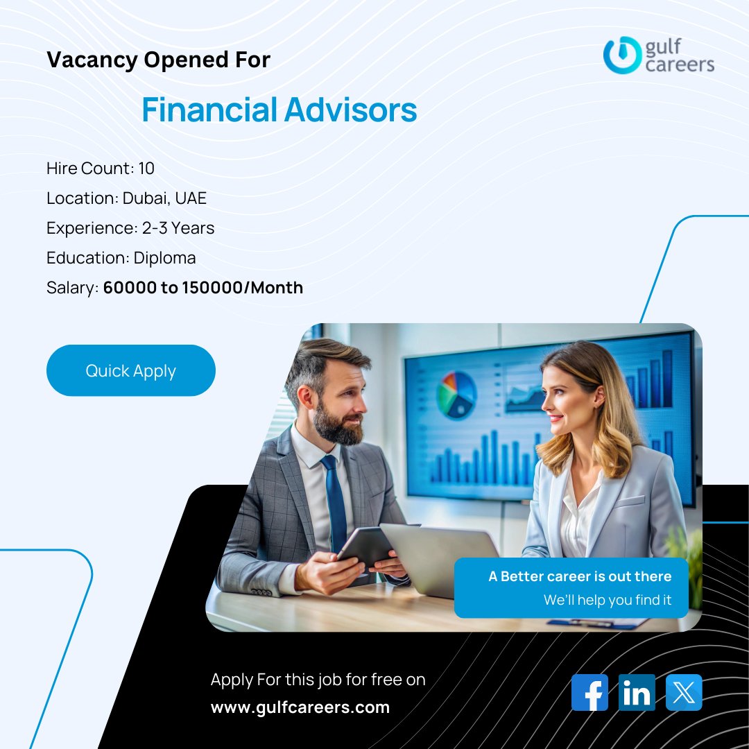 GulfcareersUae's tweet image. Position: Financial Advisor

✅ Experience Required: 2–3 Years
💵 Salary Range: 60,000 – 150,000 AED / Monthly
🎓 Education Qualification: Diploma
🚻 Gender Preference: Any
⏳ Deadline: May 30, 2026

gulfcareers.com/job/dubai-uae/…
#FinancialAdvisor #FinanceJobs #CareerOpportunity