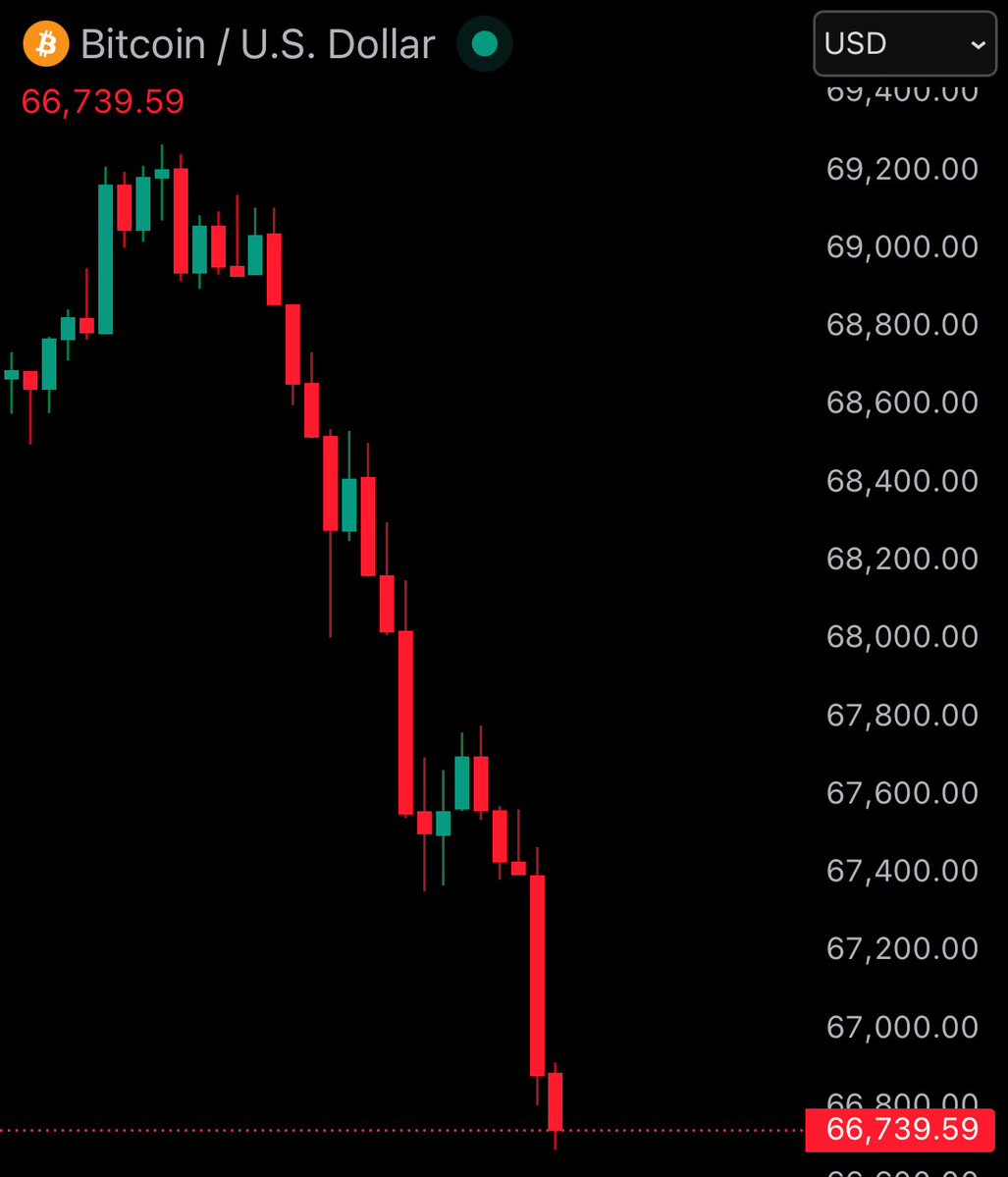 JUST IN: Bitcoin falls under $67,000