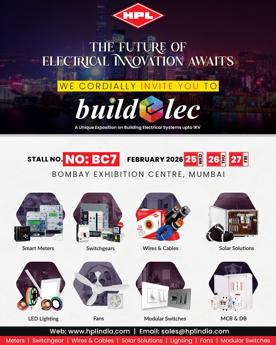 HPL_Official's tweet photo. Experience the future of electrical innovation with HPL at BuildElec 2026 β‘
From smart meters to solar, lighting, cables & more, all in one place.
π Mumbai | π
25β27 Feb | Stall BC7
#HPLIndia #BuildElec2026 #ElectricalInnovation #SmartSolutions https://t.co/O5SZsRHvs9