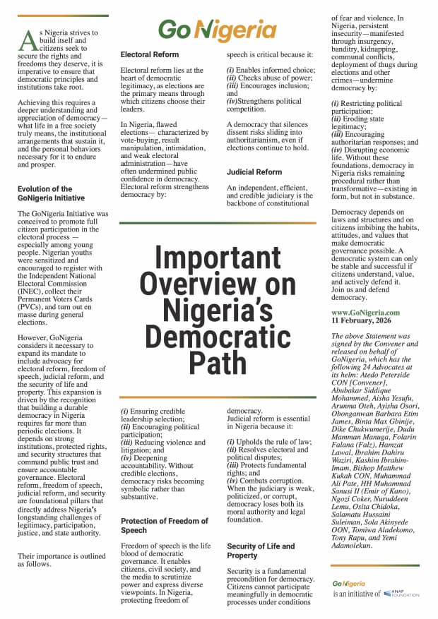 Today, I signed and released a Statement on behalf of GoNigeria and our 24 Advocates outlining the need to expand our mandate to include electoral reform, freedom of speech, judicial reform, and the security of life and property.

Building a durable democracy in Nigeria requires