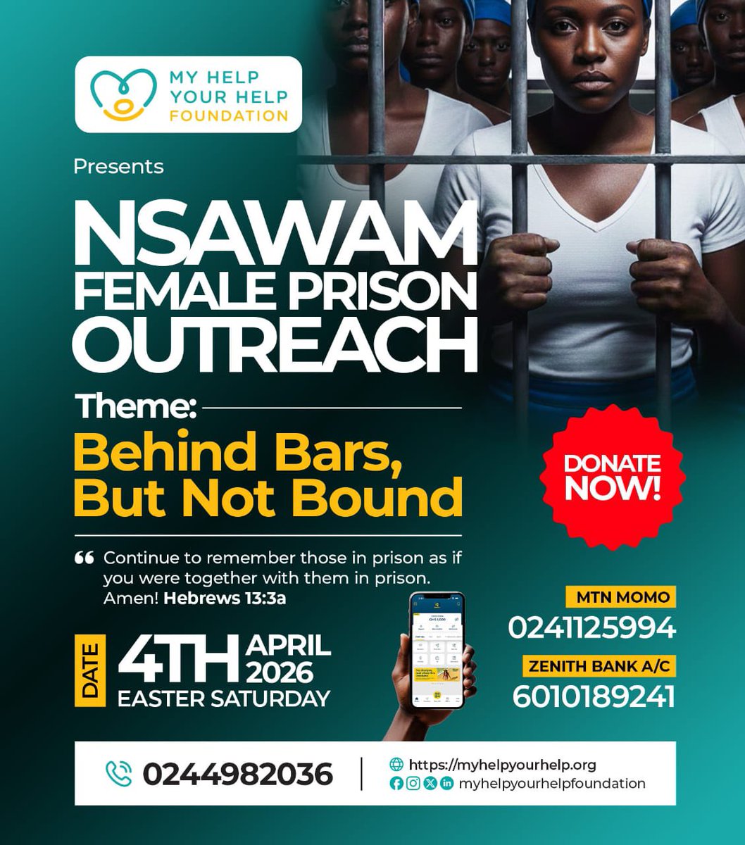 MHYHFoundation's tweet photo. *Behind Bars, But Not Bound* ❤️

This Easter, Myhelp-Yourhelp Foundation is reaching out with love, dignity, and hope to the women at Nsawam Female Prisons.

Many may be behind bars, but they are not forgotten. https://t.co/aZ5Gn9DaWc