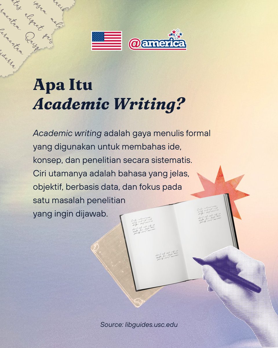atamerica's tweet image. Pernah nulis tugas dengan ide bagus dan referensi banyak, tapi dibilang kurang akademis?
Sering kali masalahnya bukan di topik, tapi di cara menyampaikan gagasan. 🧵👇

#Atampedia #AcademicWriting