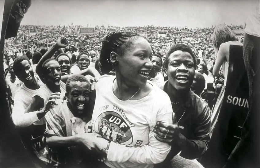 Zindzi Mandela after giving the speech on behalf of her father at a UDF rally in 1985. Photo: Through My Lens/Alf Kumalo