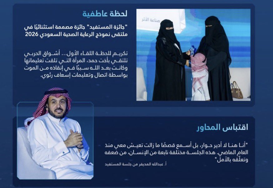alowaisjalal's tweet photo. فخرٌ نُهديه لسفراء الحياة في الميدان الإسعافي… صُنّاع الأثر.
أثرٌ صاغه المسعفون في الميدان والمرحلون خلف كل اتصال؛
التقت فيه ثقة أشواق بامتنان سلمى، فحُفظت الأرواح.

نعتزّ بحصول #هيئة_الهلال_الاحمر_السعودي على جائزة صناعة الأثر عن مشروع منطقة الرعاية الصحية،
وحصول أشواق على جائزة المستفيد.

إنجازٌ يحقق مستهدفات #نموذج_الرعاية_الصحية_السعودي
ويجعل الوصول خلال ٨ دقائق واقعًا… يبدأ بالاطمئنان وينتهي بحياة