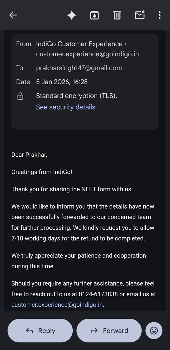SP7Prakhar's tweet photo. @IndiGo6E has repeatedly failed to honor the refund timelines they committed to over email. I took my flight in the first week of December. It has been MONTHS, not weeks, and the compensation is still unpaid. Every follow up gets the same copy paste response: 7 to 10 working days https://t.co/eCnXR4louq