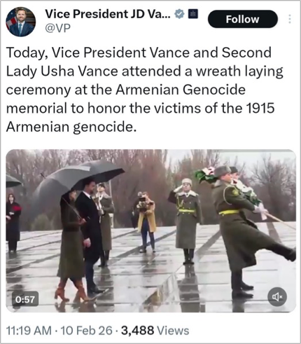 HarrisSamaras's tweet image. The USA humiliated: Turkey enforces its Armenian Genocide gag-rule to, believe or not, the US @VP 

The attached post of Vice President JD Vance, after two hours, deleted. The "excuse" a staffer's error. But even if it was indeed a staffer's error, that is worse, much worse.

In…