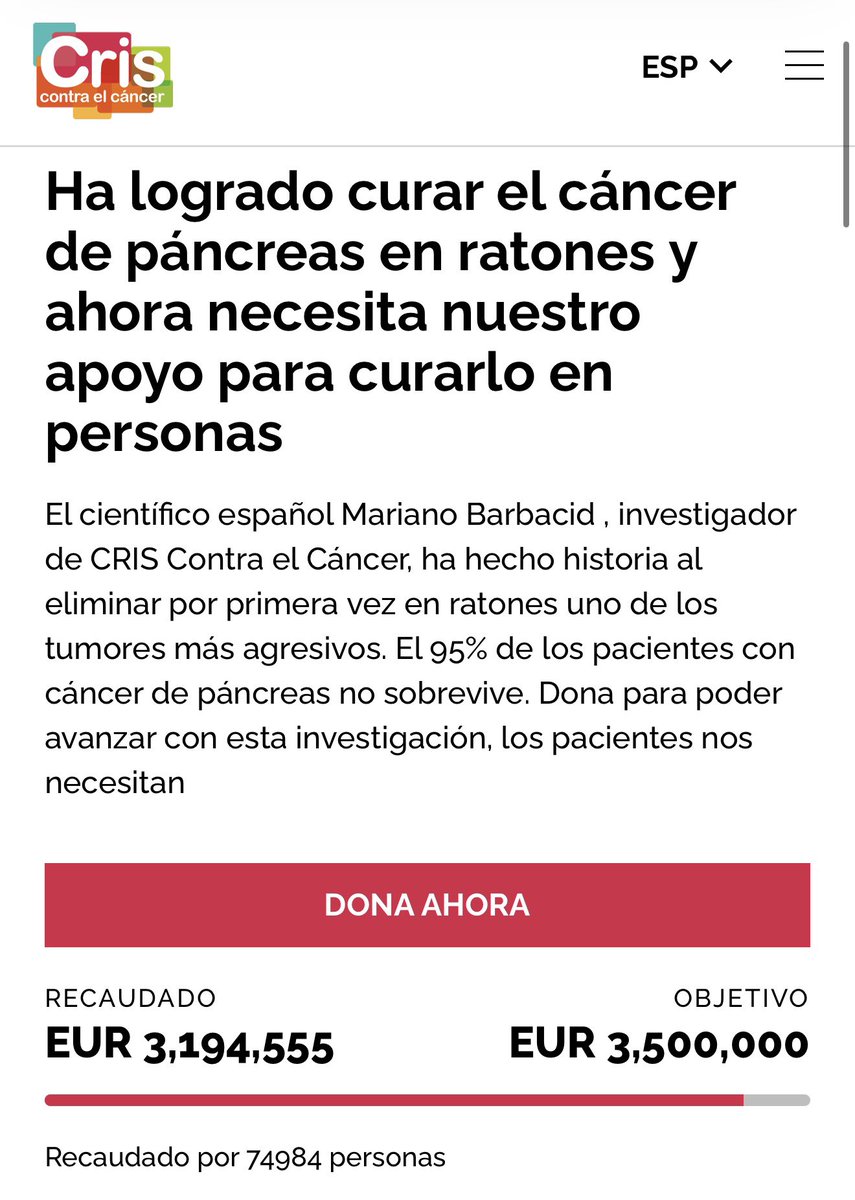 🚨¡ÚLTIMA HORA!

El Dr. Barbacid está a punto de conseguir los 3,5 millones de euros que necesita para continuar sus investigaciones en la lucha contra el cáncer de páncreas en humanos.