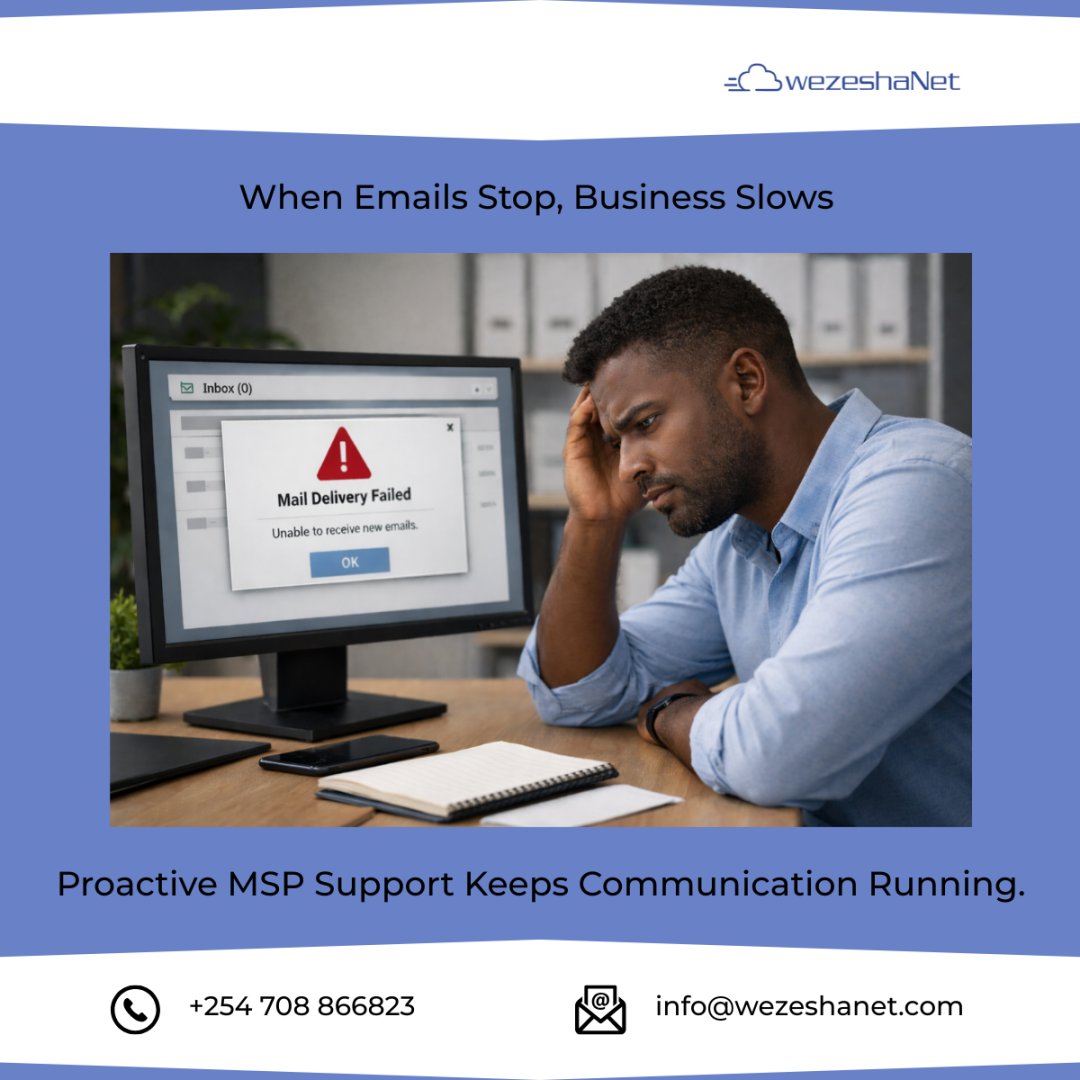 WezeshaNet's tweet photo. 📧 “I’m not receiving emails.”

Small issue. Big business impact.

Emails fail due to: 
• Server outages 
• Full storage or license limits 
• Network or spam issues

With the right #MSP, you get 24/7 monitoring, proactive management, and fast resolution.

Stay proactive😎 https://t.co/APvKkAIOiO