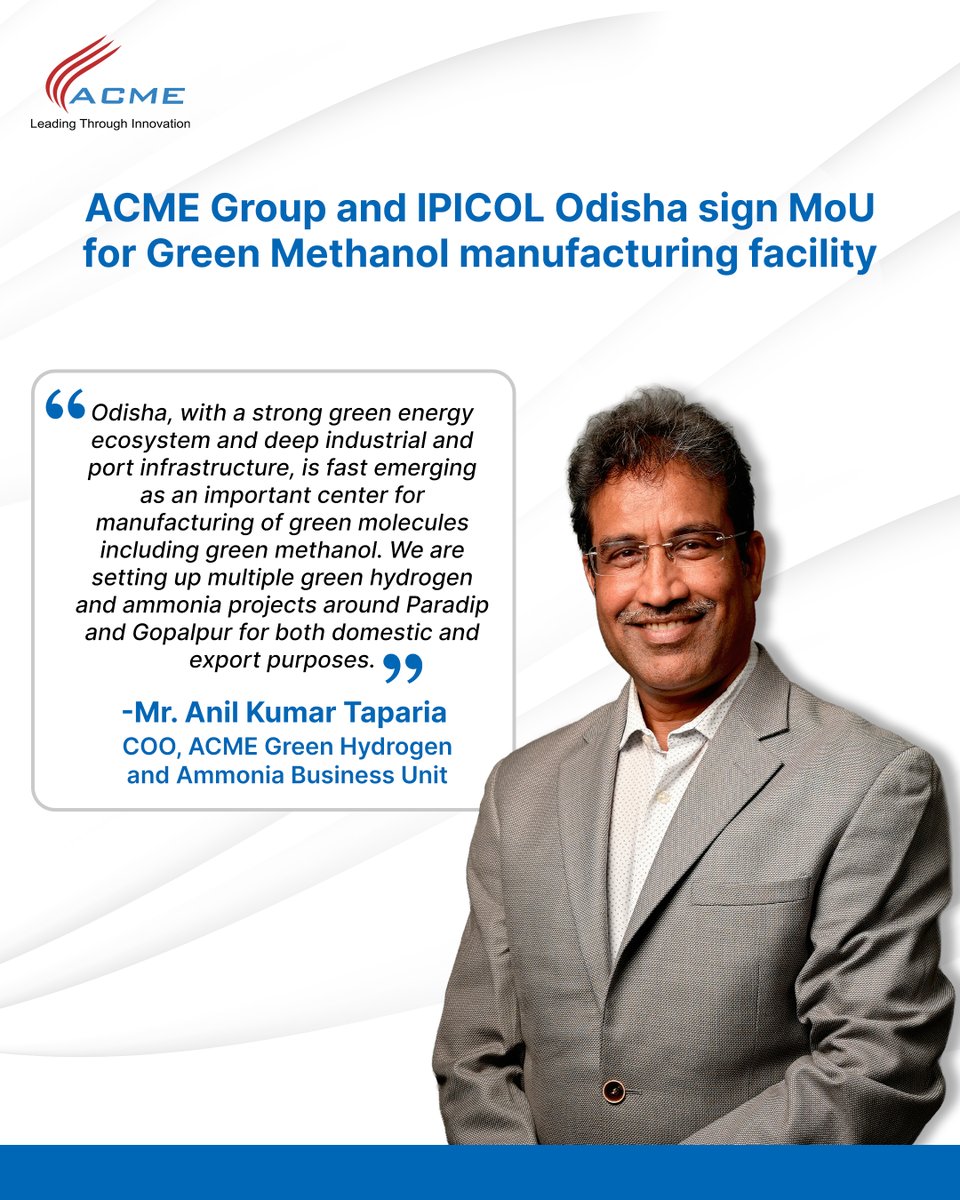 A meaningful step forward in India’s green energy journey.

ACME Group and IPICOL Odisha have signed an MoU to establish a 200 KTPA Green Methanol manufacturing facility in Odisha, marking a significant milestone in advancing India’s clean energy transition.

The project aims to