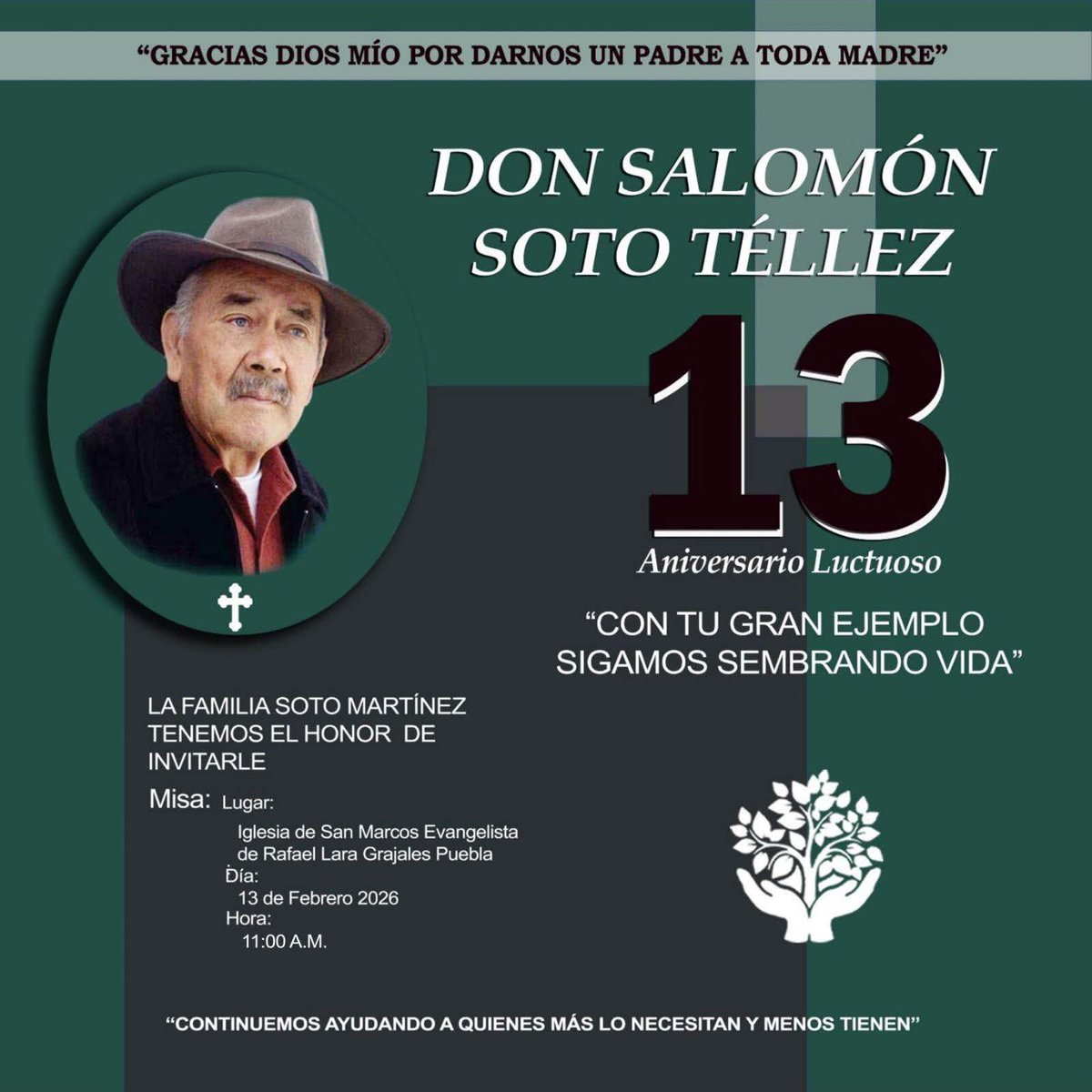 <a href="/ssotomtz/">Salomón Soto Martínez</a> <a href="/leobardosoto/">Leobardo Soto</a> <a href="/arturo_sotom/">Arturo Soto Martínez</a> <a href="/OscarSoto180169/">Oscar Soto Martínez</a> 13 años de haberte ido, tu legado sigue presente PAPÁ.a mis familiares y amigos que gusten acompañarnos,les comparto la invitación de todo corazón,a la SANTA MISA que se oficiara este viernes 13,en memoria de mi Padre amado🕊️