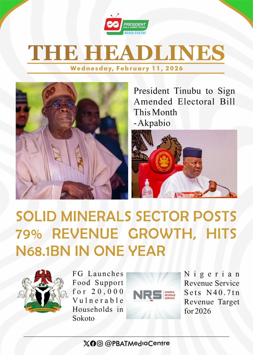 Policy reform, revenue expansion, social intervention, and economic ambition define #TheHeadlines today as Nigeria pushes forward on electoral updates, mining growth, food support, and a ₦40.7tn 2026 revenue target.