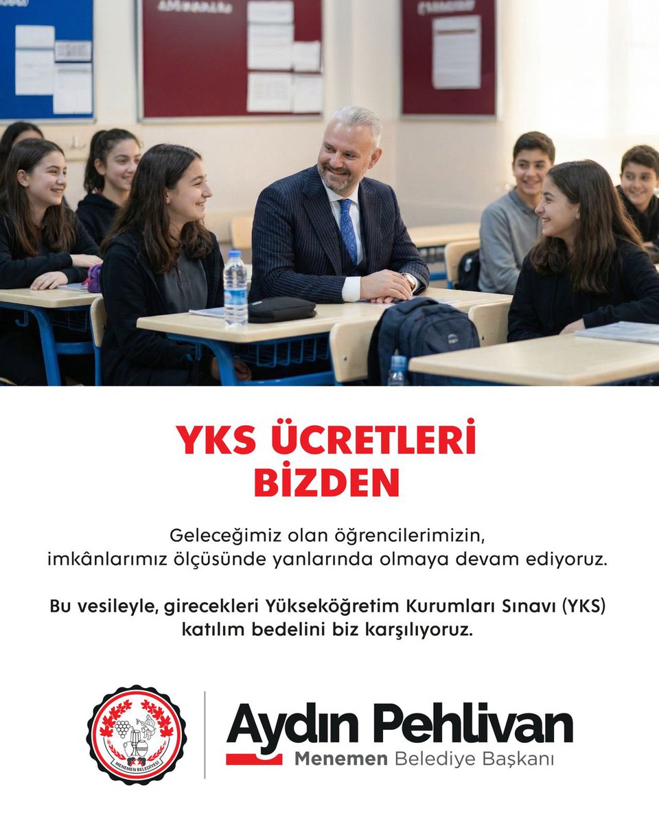 Geleceğimiz olan gençlerimizin her zaman yanındayız. 📚✨

Yükseköğretim Kurumları Sınavı’na (YKS) girecek öğrencilerimizin sınav katılım ücretlerini Menemen Belediyesi olarak biz karşılıyoruz.

Gençlerimizin hayallerine giden yolda yüklerini hafifletmeye, fırsat eşitliğini