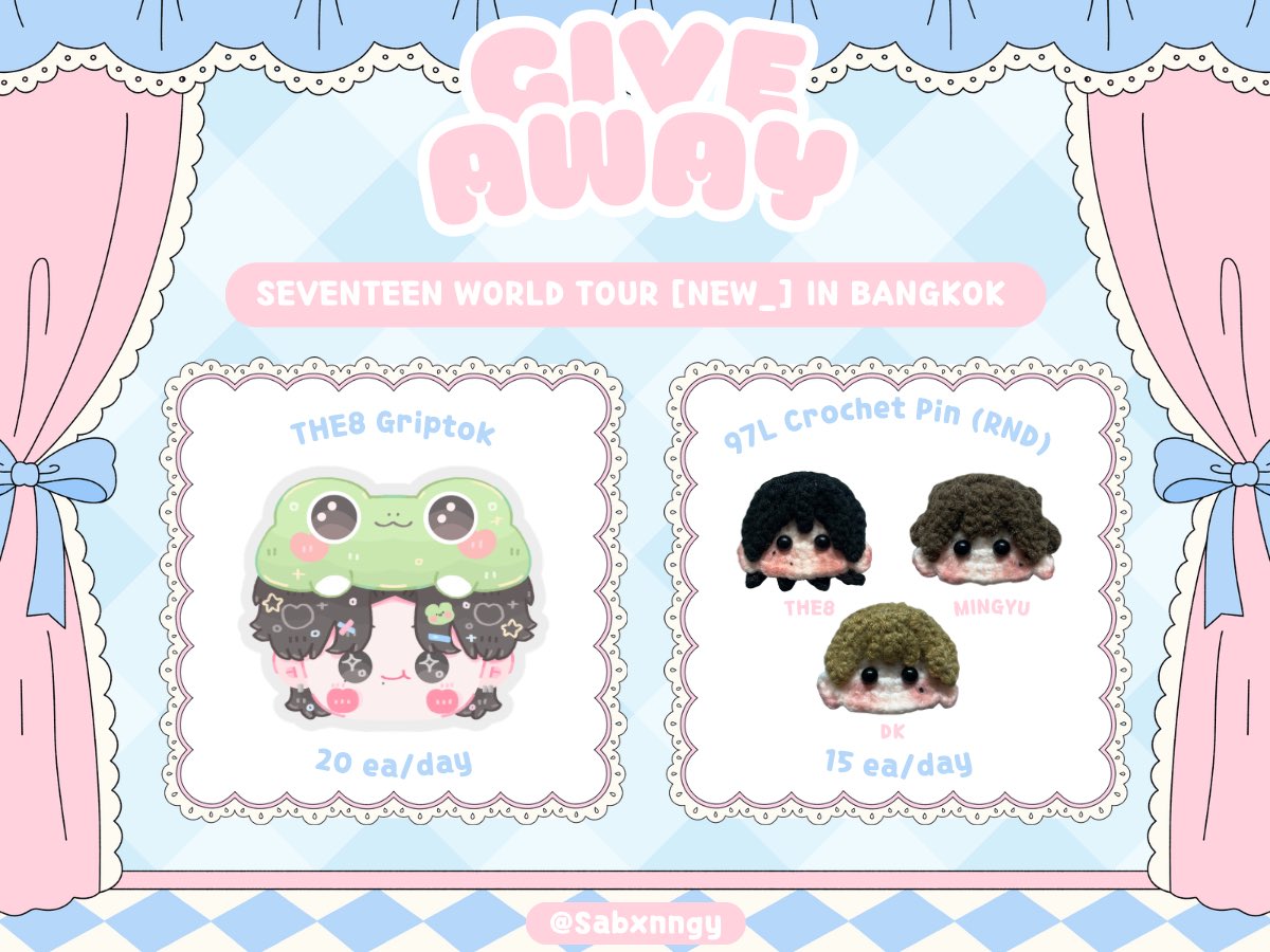 ✧˖° pls kindly rt °˖✧

 ⋆♪˖.* Giveaway for #NEW_BANGKOK

യ THE8 Griptok
യ 97 Line Crochet Pin (Random)

🗓️ 14 - 15 March 2026
📍National Stadium (สนามศุภชลาศัย)
⏰ TBA

°⋆𖦹 thai carat only 𖦹⋆°
ꕥ rt &amp; show this tweet

#กะรัตพระเวสสันดร
#SEVENTEEN_NEW_IN_BANGKOK
