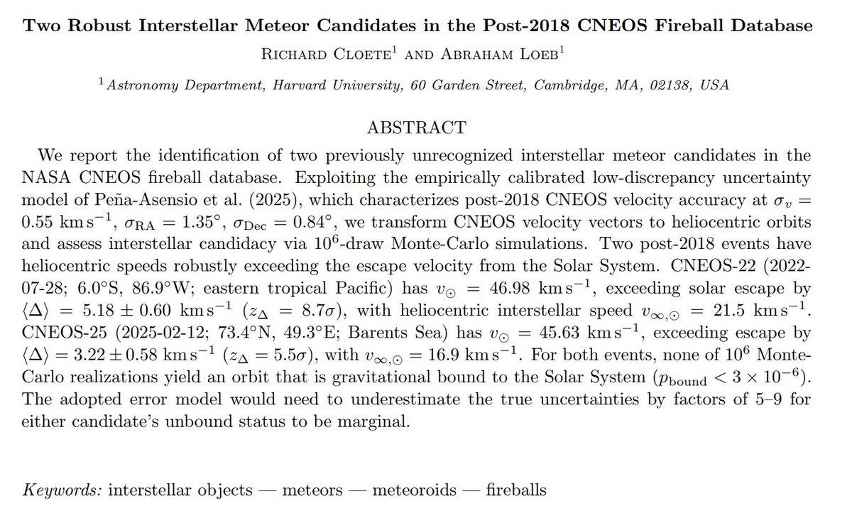 Cloete &amp; Loeb use our 2025 analysis to identify two robust interstellar meteor candidates in CNEOS 
(cc <a href="/Eloy_PeAs/">Eloy Peña-Asensio (PhD)</a> )

arxiv.org/pdf/2602.08956