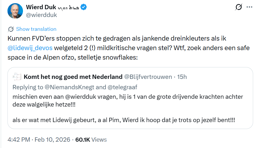 veen_els's tweet image. Het ging niet om de 'mildkritische vragen', Wierd Duk @wierdduk. Het gaat erom dat je meedoet aan het wegzetten van de FvD als 'fascistisch'. Het gaat erom dat je geen afstand neemt van het verwerpelijke 'artikel'/hitpiece in de Telegraaf en de cartoon waarin Lidewij als Nazi