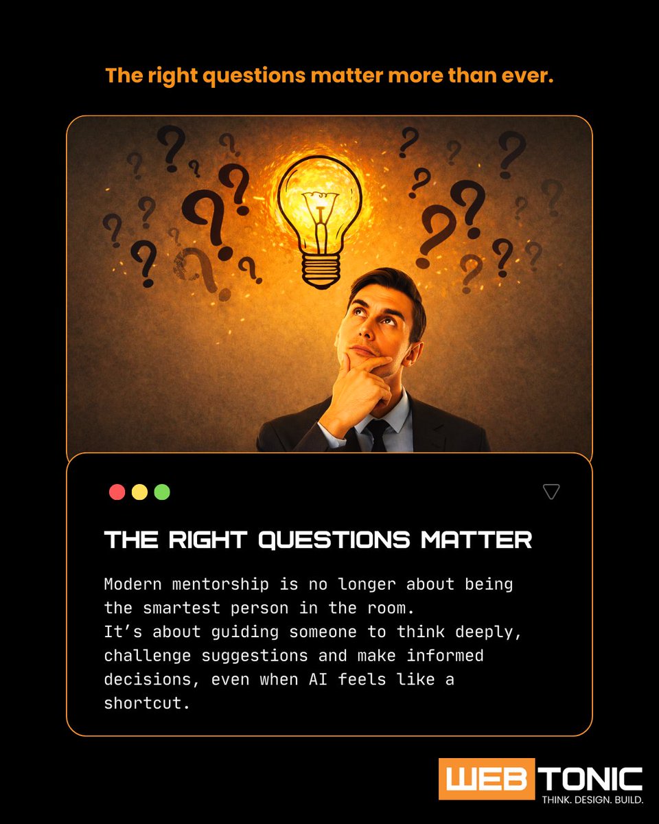 WebtonicOS's tweet photo. AI can give you answers instantly, but mentoring teaches developers how to question those answers.

In a world where tools can generate solutions in seconds, the real skill is learning to think critically, challenge assumptions, and understand the “why” behind every decision. https://t.co/AaeXTrHJPI