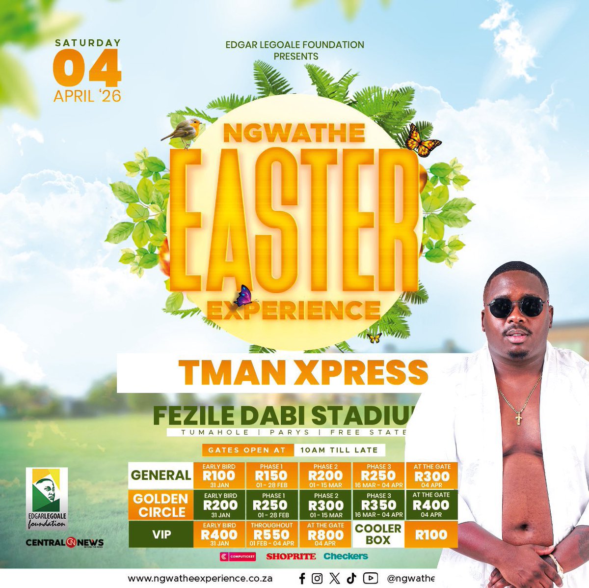 ChrisExcel102's tweet photo. Free State’s biggest Easter celebration lands in Parys! 🔥

All roads lead to Ngwathe Easter Experience Festival 2026 at Fezile Dabi Stadium🙌🔥

Featuring: Cassper Nyovest, Boohle, Brandon Dhludhlu, Selimo Thabane, Tman Xpress, Aymos, Ba2Cada, Lawkiid, DJ Young, Afrotraction, Citizen Sthee, Just Sam, Masedi, Mshepepe Wase Vaal, Fantas The DJ, Zulu Tariana, Katleho Seobi, Teboho Moloi, Happy K, Bino Boy, 18 Hours Gang & Piano Kinz.

🎟️ Tickets: https://t.co/qP3MPB5oT0…
Available at Shoprite & Checkers stores.

📅 Saturday, 04 April 2026
📍 Fezile Dabi Stadium – Tumahole, Parys (Free State)
⏰ Gates open 10AM till late

💎 For VVIP table bookings, stall applications, sponsorships & partnerships:

📧 Email:
✉️ nthabiseng@edgarlegoale.com
✉️ info@ngwatheexperience.co.za

📞 Call / WhatsApp:
📲 Nthabiseng – +27 (82) 287-2290
More artists and MCs loading… 👀🔥

🔗 https://t.co/F10PhgHA7X
📲 Follow: @ngwatheexp

#NgwatheEasterExperience #EdgarLegoaleFoundation #feziledabistadium #Tumahole #Parys