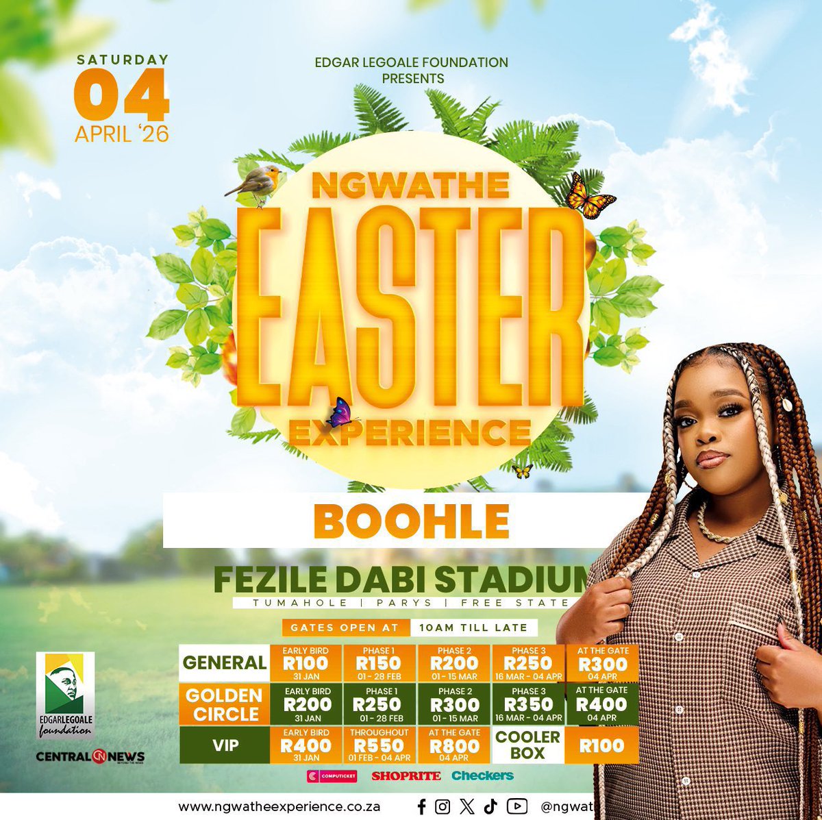 ChrisExcel102's tweet photo. Free State’s biggest Easter celebration lands in Parys! 🔥

All roads lead to Ngwathe Easter Experience Festival 2026 at Fezile Dabi Stadium🙌🔥

Featuring: Cassper Nyovest, Boohle, Brandon Dhludhlu, Selimo Thabane, Tman Xpress, Aymos, Ba2Cada, Lawkiid, DJ Young, Afrotraction, Citizen Sthee, Just Sam, Masedi, Mshepepe Wase Vaal, Fantas The DJ, Zulu Tariana, Katleho Seobi, Teboho Moloi, Happy K, Bino Boy, 18 Hours Gang & Piano Kinz.

🎟️ Tickets: https://t.co/qP3MPB5oT0…
Available at Shoprite & Checkers stores.

📅 Saturday, 04 April 2026
📍 Fezile Dabi Stadium – Tumahole, Parys (Free State)
⏰ Gates open 10AM till late

💎 For VVIP table bookings, stall applications, sponsorships & partnerships:

📧 Email:
✉️ nthabiseng@edgarlegoale.com
✉️ info@ngwatheexperience.co.za

📞 Call / WhatsApp:
📲 Nthabiseng – +27 (82) 287-2290
More artists and MCs loading… 👀🔥

🔗 https://t.co/F10PhgHA7X
📲 Follow: @ngwatheexp

#NgwatheEasterExperience #EdgarLegoaleFoundation #feziledabistadium #Tumahole #Parys