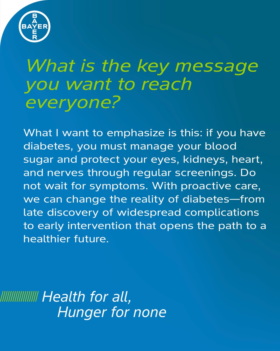 Diabetes isn’t only about blood sugar. It’s a systemic condition that can affect the eyes, kidneys, heart, nerves and liver.

Explore key insights from Dr. Hany Gamil’s interview below. ⬇️
shorturl.at/UR46Q 
#TeamBayer #DiabetesAwareness #HealthForAll