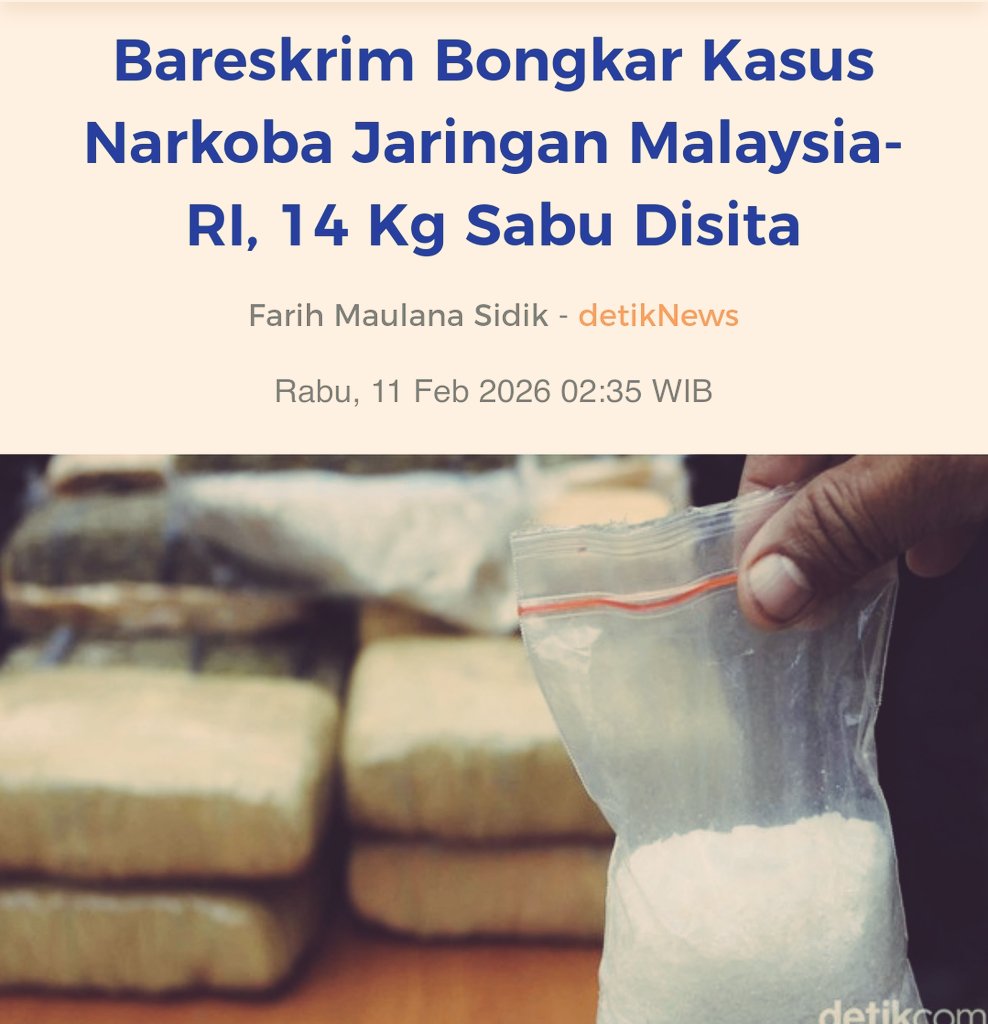 Narkoba musuh "NYATA"  yang wajib di perangi.

Bareskrim Polri membongkar kasus peredaran narkoba jaringan Malaysia-Indonesia. Sebanyak 14.731 gram (14,7 kilogram) sabu disita &amp; 3 orang dijerat tersangka.

Pengungkapan kasus barang haram ini dilakukan di Riau, Senin (9/2)