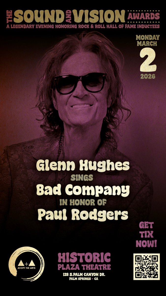 glenn_hughes's tweet photo. Music changes lives - especially for kids 🎵

Join me March 2, 2026 at the historic Plaza Theatre in Palm Springs for the @adoptthearts Sound & Vision Awards, honoring my good friends, @_paulrodgers and @geezerbutler 

An intimate night of iconic music supporting elementary school music education.

🎟 Get tickets: https://t.co/ehP4tmDMDz

#AdoptTheArts #SoundAndVisionAwards #MusicMatters #PalmSpringsEvents #PaulRogers #GeezerButler