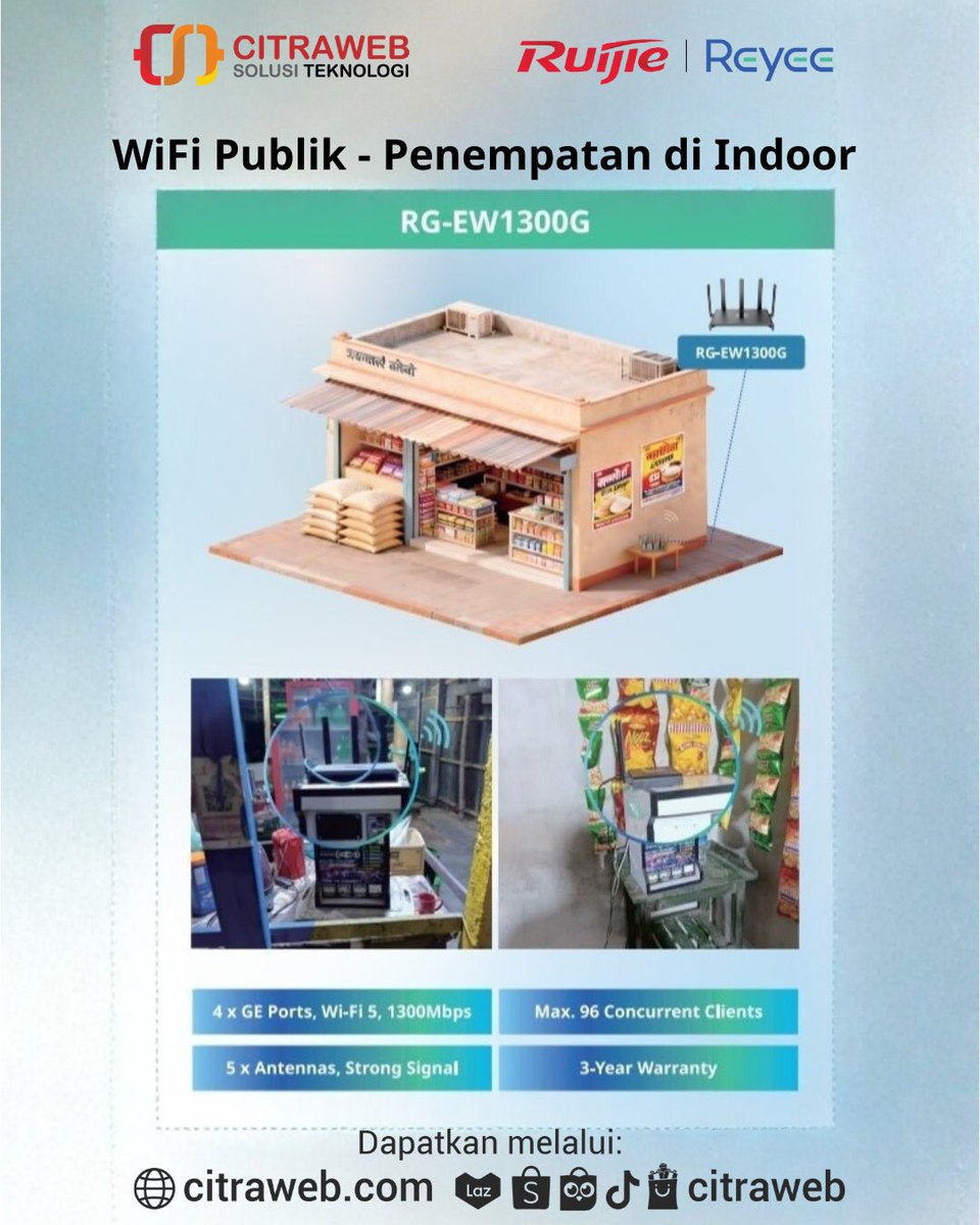 Router Wireless RG-EW1300G hadir dengan teknologi Wi-Fi 5 Dual-band Gigabit Mesh yang memberikan kecepatan hingga 1300 Mbps.
Sangat untuk jaringan rumah, toko, atau usaha kecil yang ingin menyediakan koneksi internet lancar.
🛒citraweb.com/produk/1147/

#RuijieReyeeAPAC #PublicWiFi