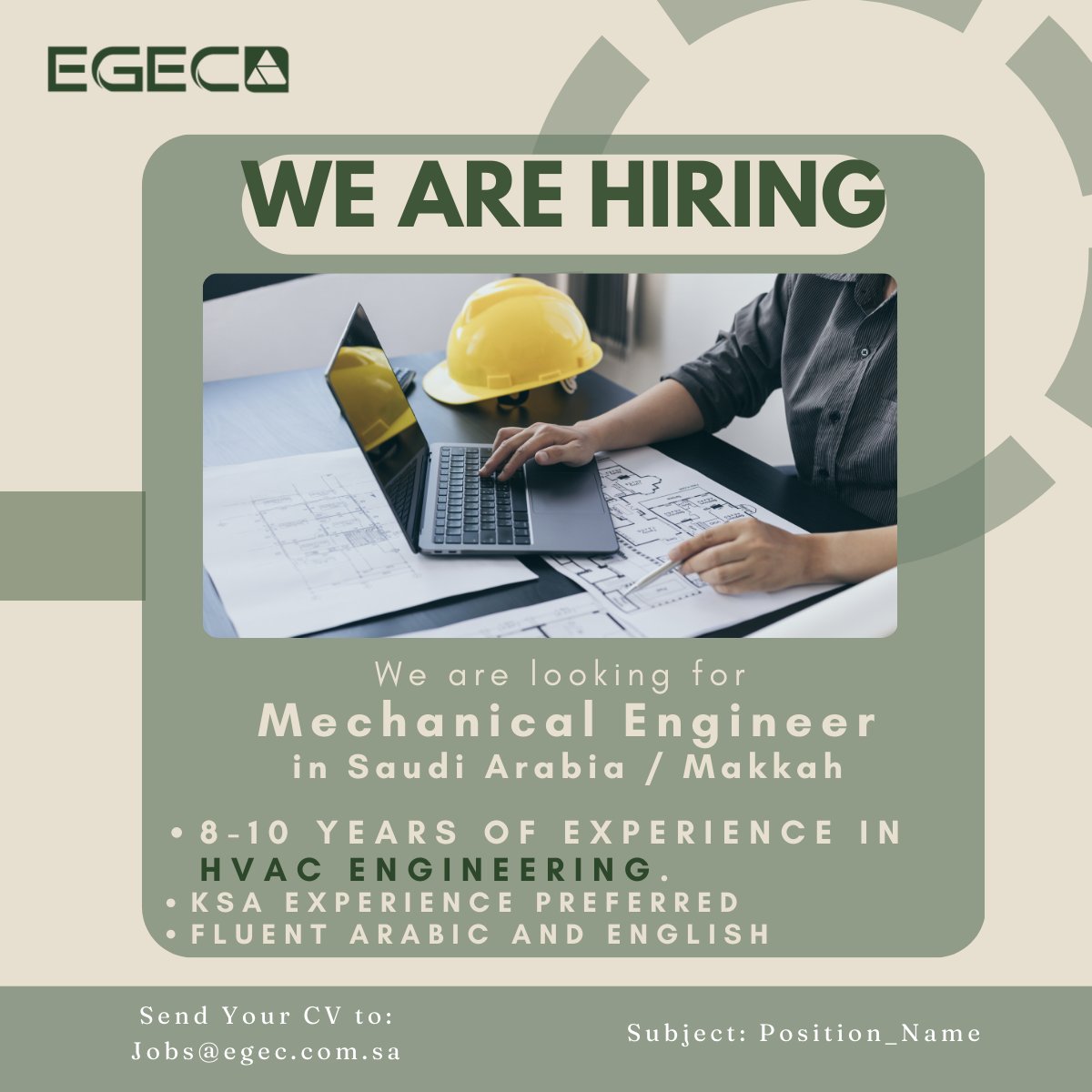EgecKsa's tweet photo. We’re Hiring | Mechanical Engineer (HVAC) – Makkah, KSA
At EGEC, we continue to deliver high-impact engineering solutions across the Kingdom — and we’re expanding our team.
We are looking for an experienced Mechanical Engineer (HVAC) with 8–10 years of proven experience, preferably within the KSA market.
🔹 Strong HVAC design expertise
 🔹 Gulf experience required | KSA preferred
 🔹 Fluent in Arabic & English
 🔹 Driven, proactive, and team-oriented
If you’re ready to contribute to major projects within a reputable engineering consultancy — we’d love to connect.
📩 Send your CV to: Jobs@egec.com.sa

📌 Subject: Mechanical Engineer
Tag someone who might be a great fit 👇
#Hiring #MechanicalEngineer #HVAC #EngineeringCareers #KSAJobs #Makkah #ConsultingEngineering #NowHiring