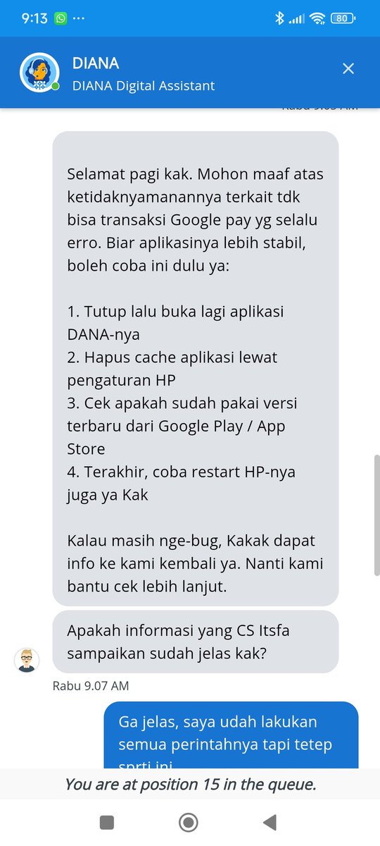 Uncle_Bob_PBH's tweet photo. @danaewalet123  Saya complain kepada live assistan kenapa kalo sy bayar googlepay selalu error, tapi responya terburu² sekali, ga pikir sy butuh waktu ngetikdi hp, hasilnyatanpa soluai apa² syditinggalnya...wow sangat pro https://t.co/2cxmbDpxu4