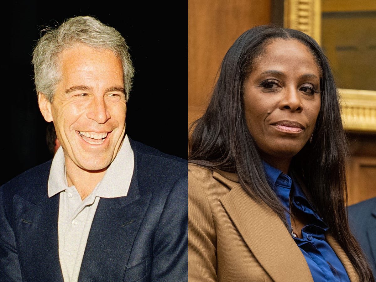 TeamTrump47's tweet photo. 🚨 We already KNOW Stacey Plaskett was texting Jeffrey Epstein DURING the Cohen hearing for coaching, pocketed $8K+ in his donations, and tried to meet on his pedo island.

Dems blocked her censure 214-209. So when are Democrats finally going to demand her RESIGNATION? 

Or is protecting Epstein ties the new party line?