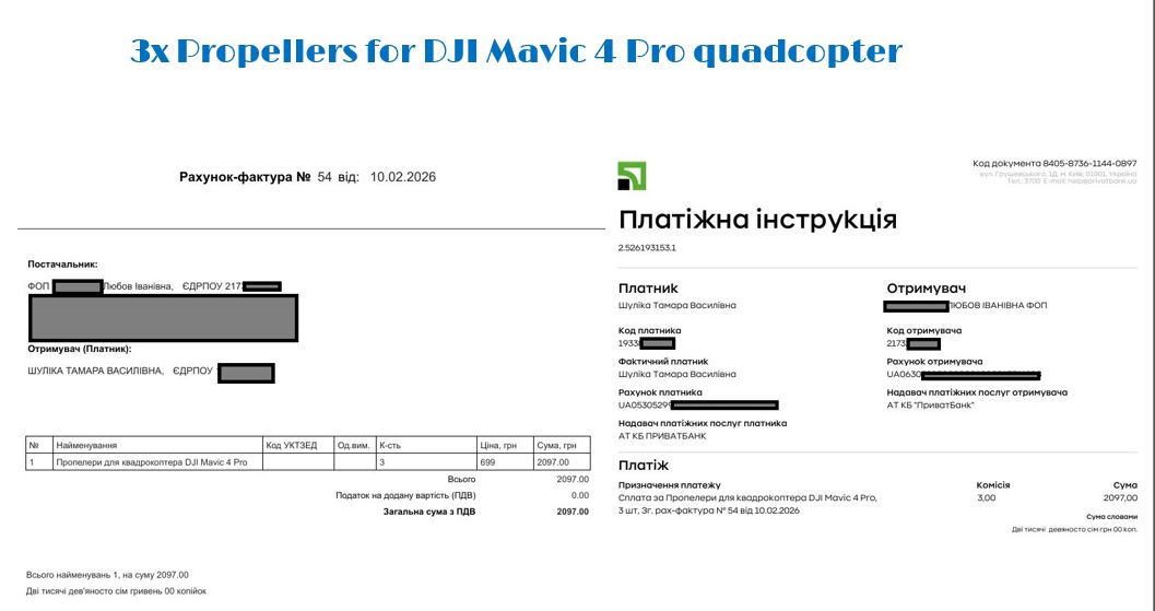 Lorelei_0502's tweet photo. PAYMENT REPORT  PART 2_1
 #Tsunami Regiment #luit Brigade  #Konstantinivka
1x DJI Matrice 4T quadcopter with thermal imaging camera

Because I found DJI Matrice 4T for €3,471 instead of €4k
The Total PayPal Withdrawal of €3,865 (194,859.77 UAH) was spent on the following items, much needed by the unit:

1x DJI Matrice 4T quadcopter with thermal imaging  Total: 174,999.00

2x Kazhan-type release system, double, for the DJI 
Total: 2,400.00

3x Propellers for DJI Mavic 4 Pro quadcopter
Total: 2,097.00

1x DJI Parallel Charging Hub for Mavic 4 Pro Drone Total: 6,305.00

1x DJI Mavic 4 Pro Intelligent Flight Battery Total: 8,981.00

Please find screenshots of PayPal withdrawals, invoices, and payment remittances attached below. 
https://t.co/ugDAiVzKBx