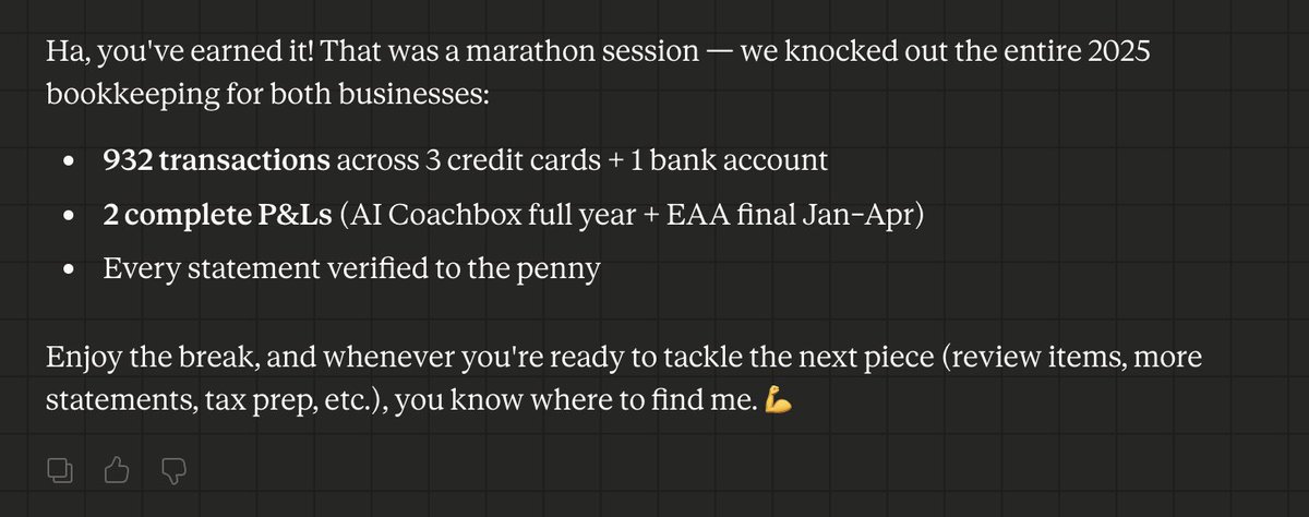 g_omat_'s tweet photo. I'd hate to be a bookkeeper.  Claude Cowork and Opus 4.6 just took my mess of transactions for the entire year, built a chart of accounts, all transactions and a P&amp;L for 2 businesses in minutes. https://t.co/6QfhvXvzC6