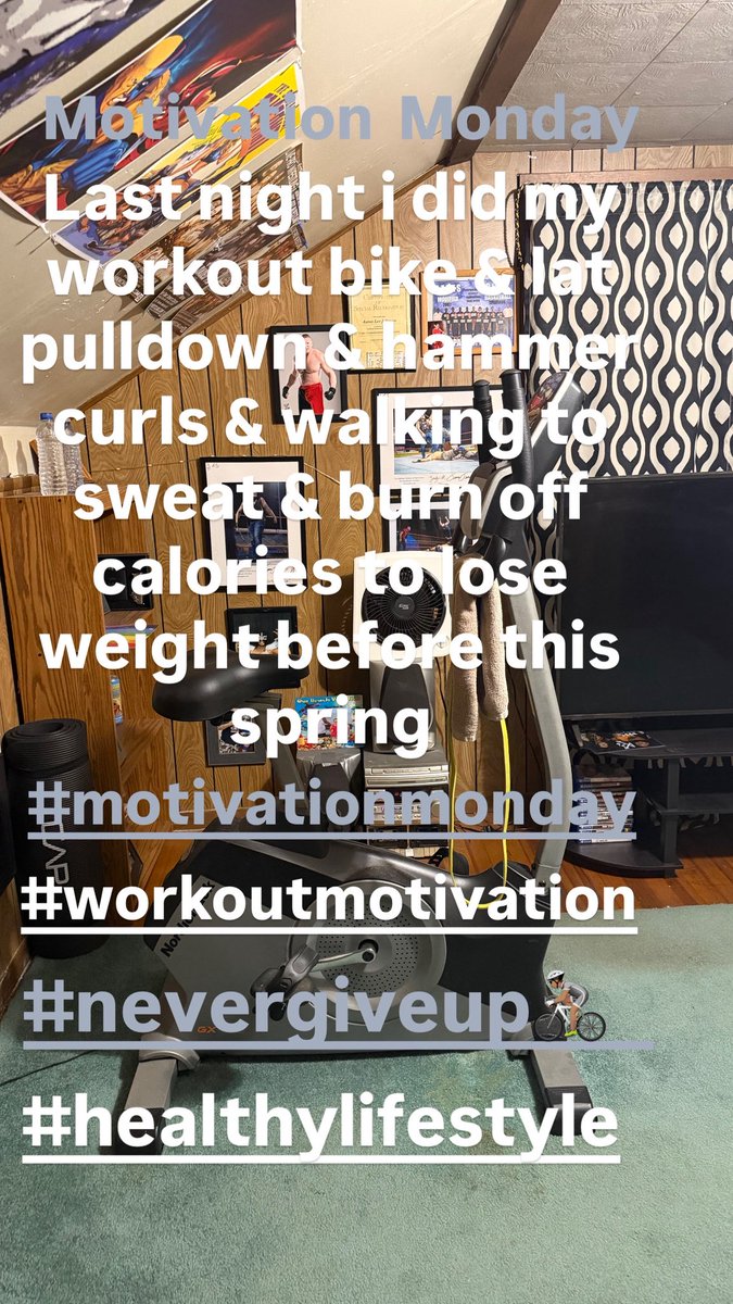 Motivation Monday workout last night was the bike &amp; lat pulldown &amp; hammer curls &amp; stepping walks to sweat &amp; burn off calories to lose weight before this spring. #motivationmonday #workoutmotivation #nevergiveup🚴🏽 #healthylifestyle.