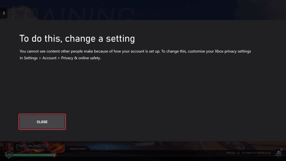 Chubs_youtube's tweet photo. Sooo this popped up today, anyone else not able to use any #xbox social/online features in any game because of this? I cant even play custom training packs on #RocketLeague. 

@xboxuk @Xbox @XboxSupport @RocketLeague https://t.co/8SRdd63h4z