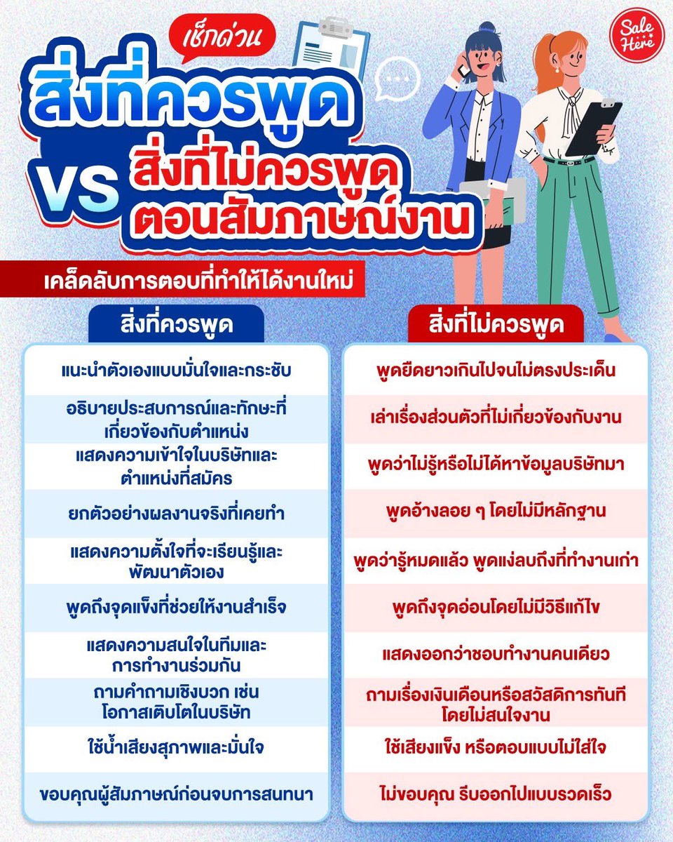 📣  เช็กด่วน! สิ่งที่ควรพูด VS สิ่งที่ไม่ควรพูดตอน #สัมภาษณ์งาน เคล็ดลับการตอบที่ทำให้ได้งานใหม่ 🆕 อยากได้งานใหม่ที่จึ้งกว่าเดิม ต้องเริ่มจากการตอบคำถามที่เริ่ด บางประโยคที่เราคิดว่าดี อาจจะไม่ดีสำหรับบริษัทก็ได้ ลองดูตามโพสต์นี้แล้วไปปรับใช้กันได้เลย 🔍

#SaleHere #เซลเฮียร์
