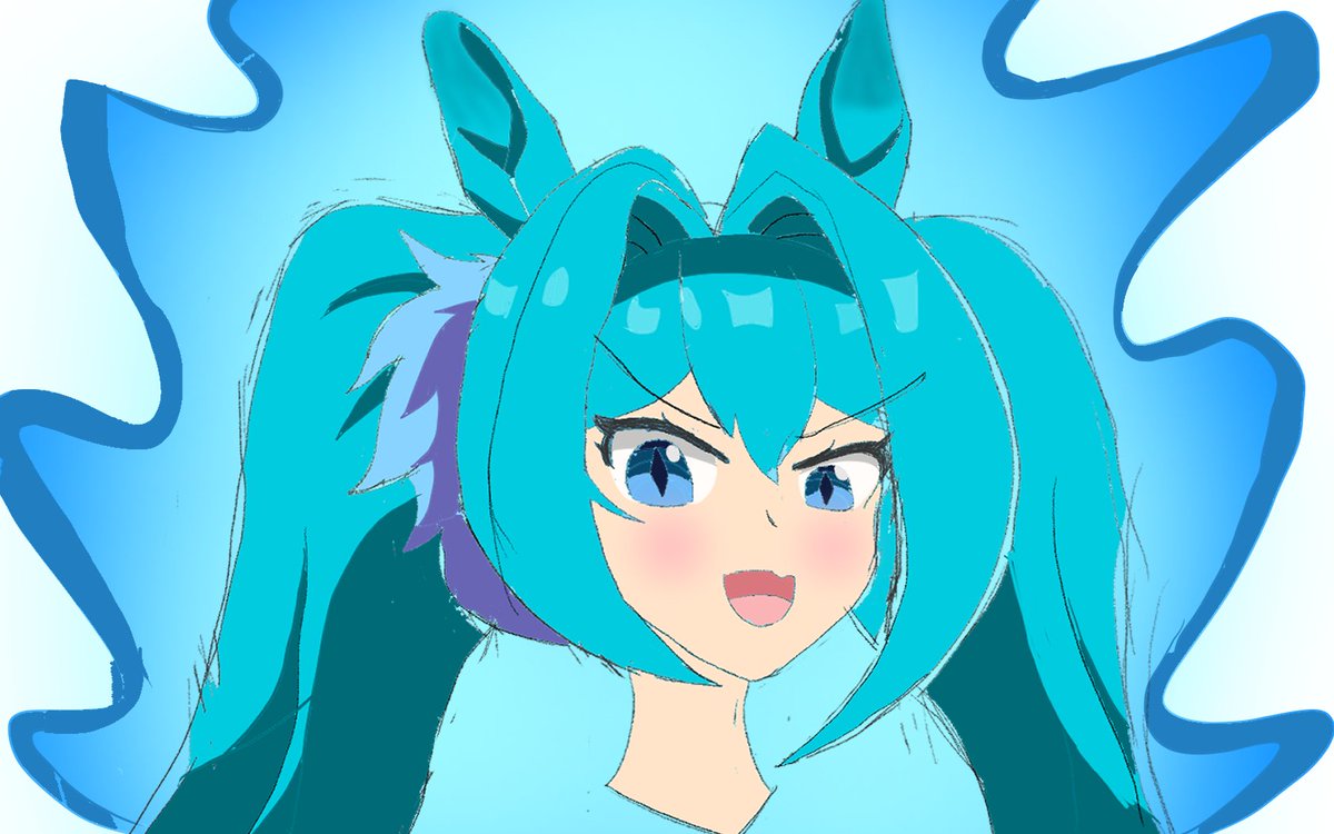 Peak Blue? Indeed. 
(Just a rough sketch of Daiwa with Hatsune Miku or Super Saiyan Blue stained hair lol) 
#umamusume #DaiwaScarlet