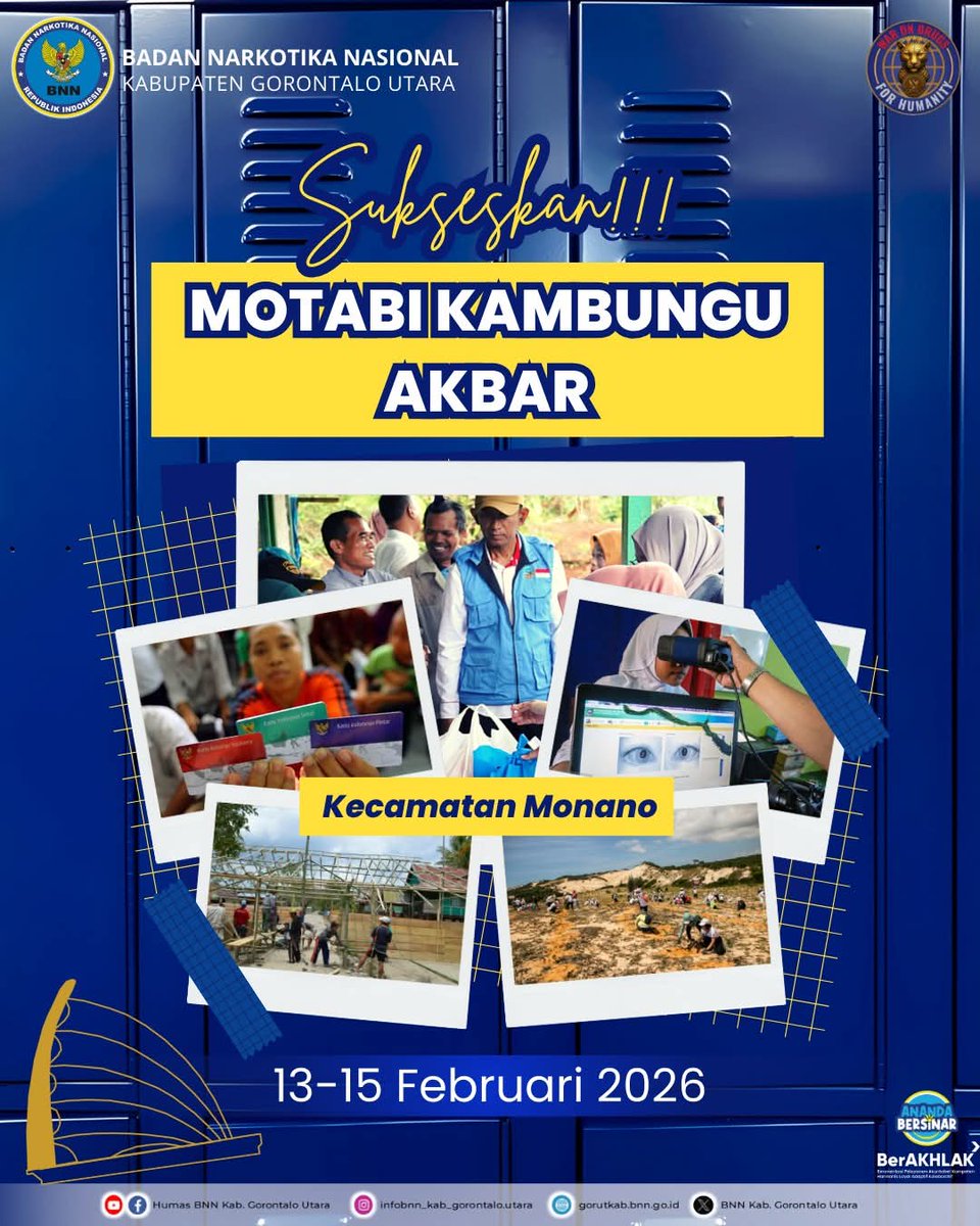 BNNKGORUT's tweet photo. Mari kita sukseskan pelaksanaan Motabi Kambungu Akbar, 13-15 Februari 2026, yang di pusatkan di Kecamatan Monano.
Motabi Kambungu yang bermakna Rindu Kampung Halaman, merupakan Program Pemerintah Daerah Gorontalo Utara yang dimaksudkan untuk mempercepat pelayanan kemasyarakatan. https://t.co/UAzhS0ALUw
