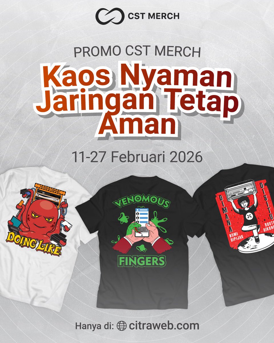 ✨👕 Promo kaos CST Merch bisa kalian dapatkan melalui Website Citraweb:
🛒cweb.id/merch
🗓11 - 27 Februari 2026

Gratis ongkos kirim untuk pengiriman ke seluruh pulau jawa, dengan minimal order 2pcs melalui website

#Merchandise #KaosNetworking #CitrawebMerch #Citraweb