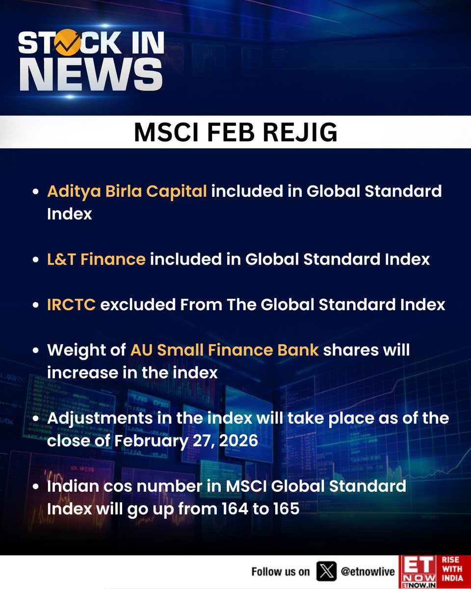 ETNOWlive's tweet photo. #StocksInNews | MSCI Feb Rejig: India’s count in the MSCI Global Standard Index rises from 164 to 165
#MSCIRejig #StockMarketIndia https://t.co/Ep2F0rdCqO