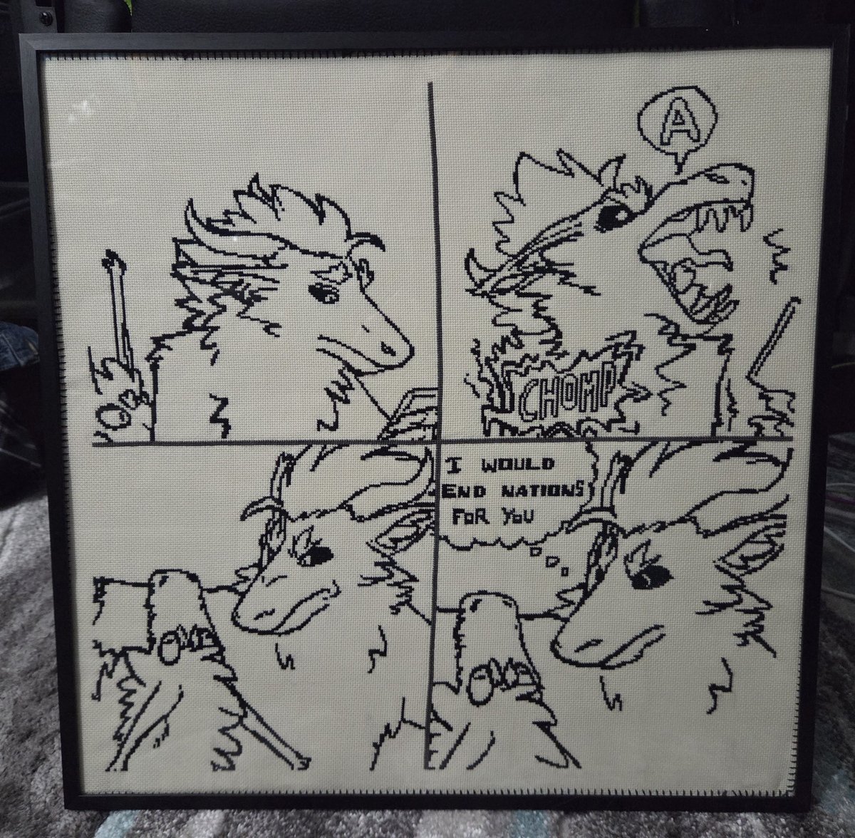 CaptainCandro's tweet photo. Framed and finished! So excited to hand this off to @MONSTROUSONMAIN in a couple days at con 🥰 
17"x17", ~11k stitches, my biggest piece to date. I'd love to do more like this, bringing friends art to life in a new medium ❤️
🎨 @/MONSTROUSONMAIN
🪡🧵 Me
#crossstitch https://t.co/oRy2qo71Qm