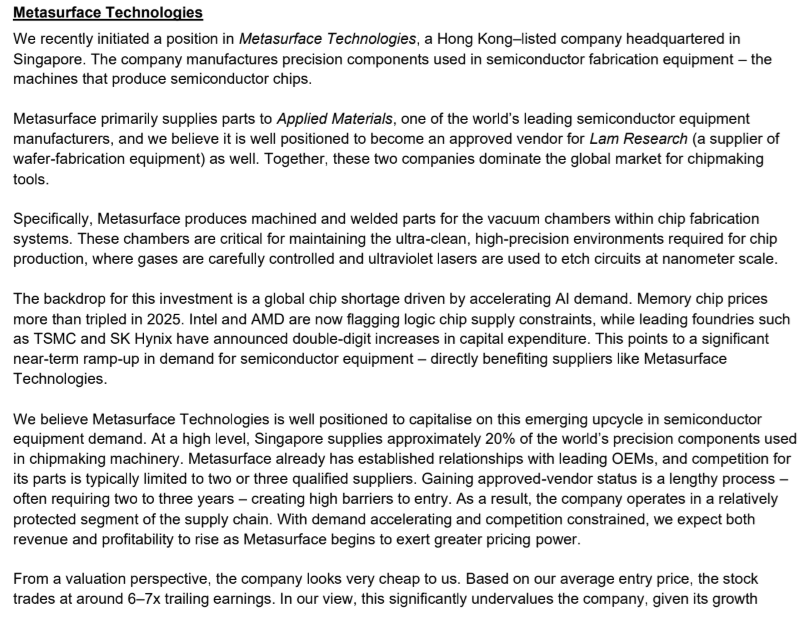 Fawkes Capital Management pitch on $8637.HK – Metasurface Technologies Holdings 🇭🇰

-Singapore based company.
- Manufacturers components used in semiconductor equipment.
- Supplies Advanced Materials and possibly Lam Research.
- Global chip shortage/long term demand.
- Barriers