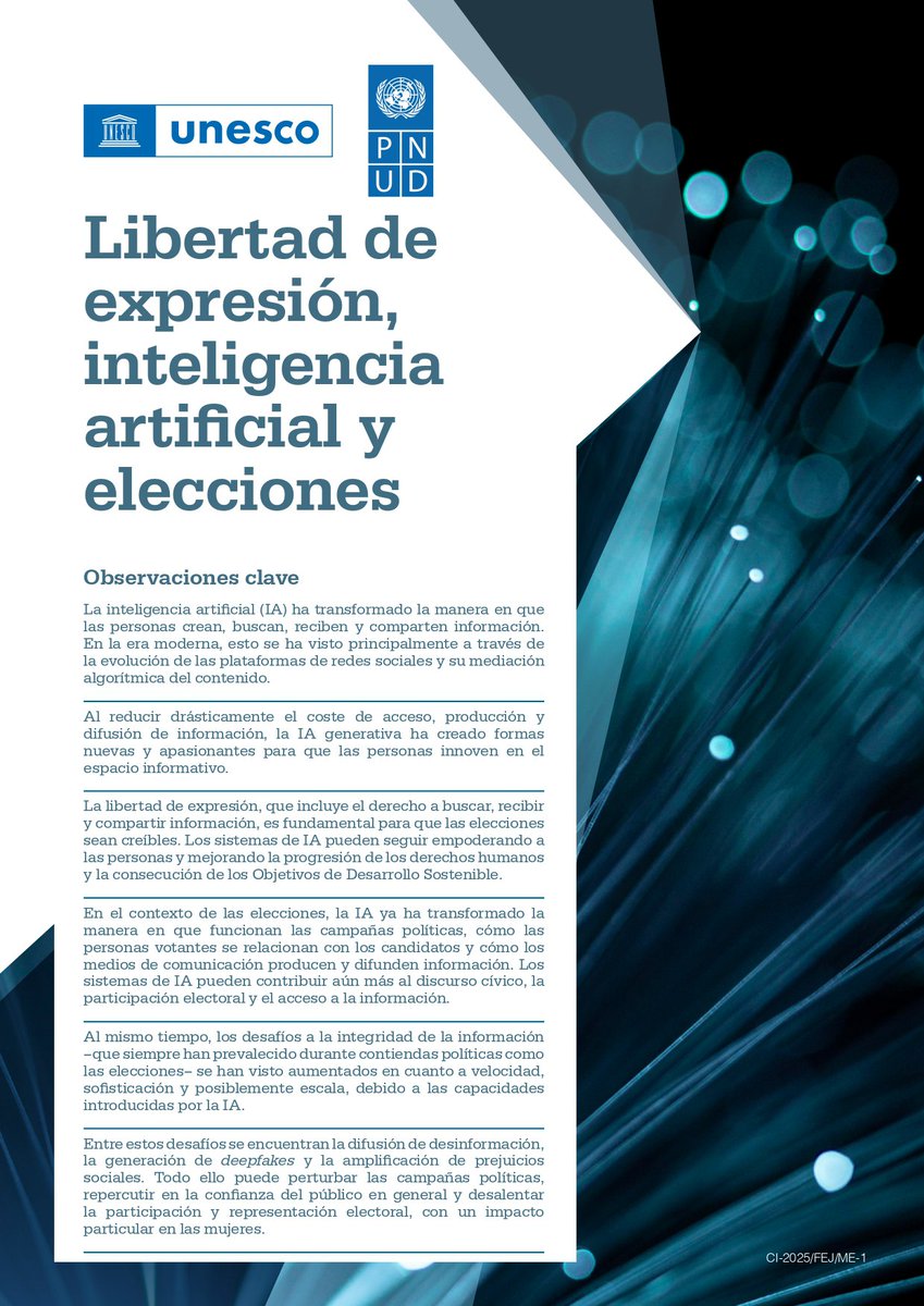 ¿Te interesa conocer los riesgos y el potencial📈de la IA🤖 en la libertad de expresión y las elecciones? Te invito a leer el informe“Libertad de expresión, inteligencia artificial y elecciones” del <a href="/pnud/">ONU Desarrollo</a>, que analiza los impactos de la tecnología👩🏽‍💻en la democracia y los derechos