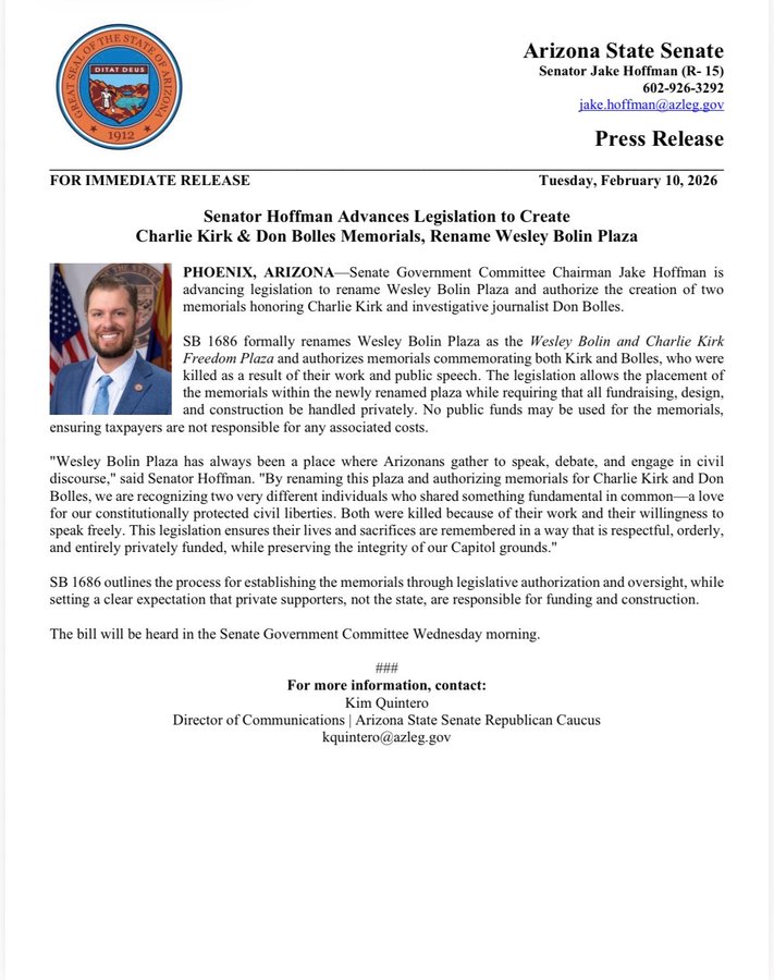 JakeHoffmanAZ's tweet image. Charlie Kirk gave his life defending our right to free and civil debate.

Charlie and I were friends for over a decade.

He was a great man. Truly one of the very best.

I'm proud to lead this effort to honor him with a statue at Arizona's Capitol.

You are missed, Charlie.